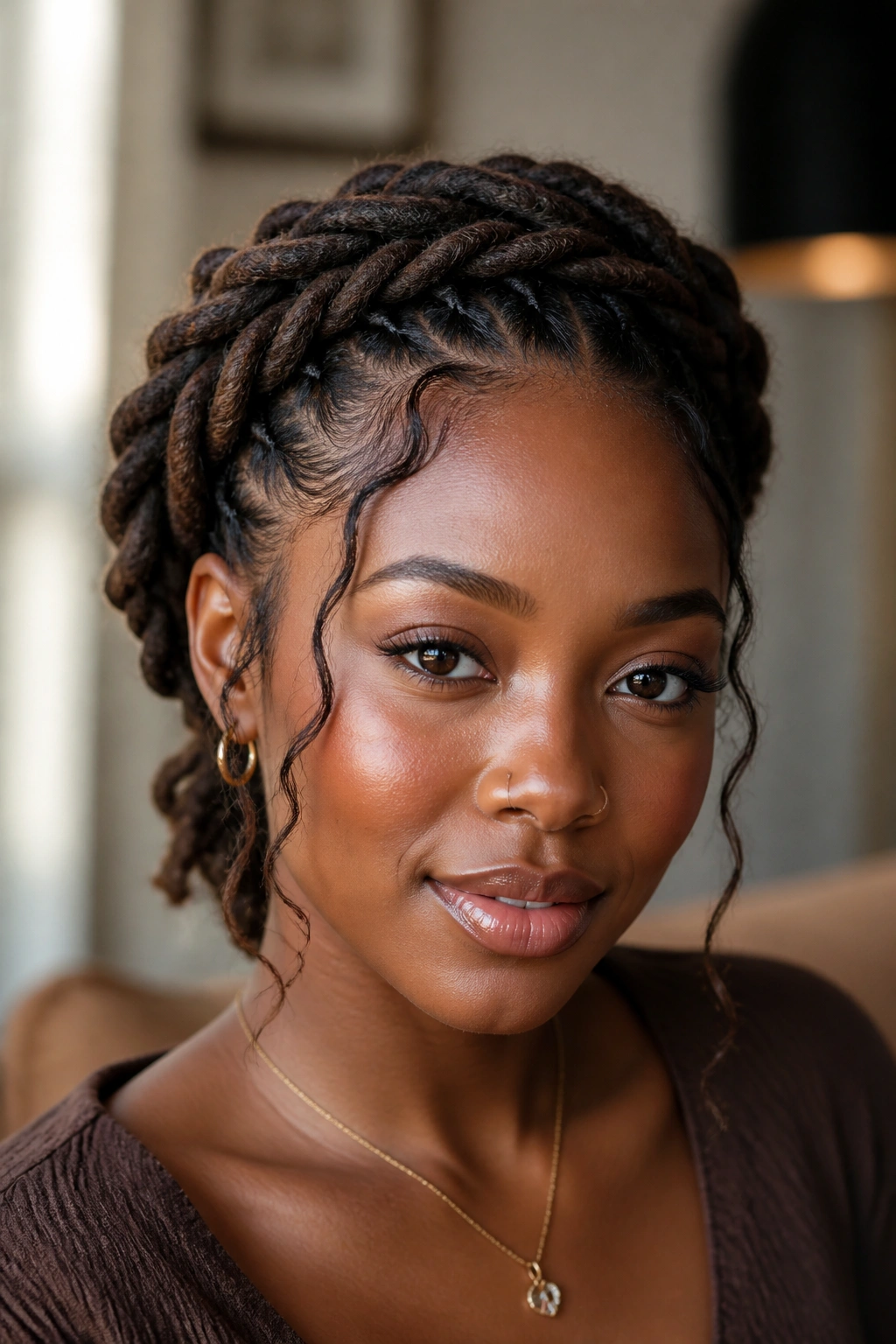 Close-up of a real Black woman with a halo braid and tendrils