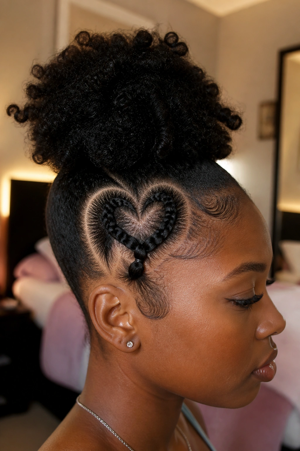 Profile of woman with heart-shaped part and bubble accent braid