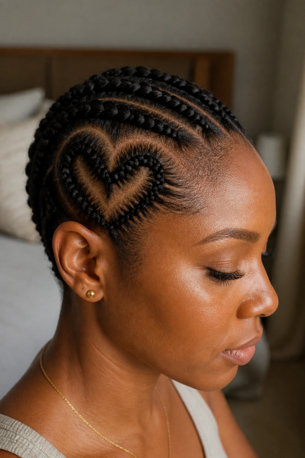 Close-up of a real woman with heart-shaped parting cornrows on the side