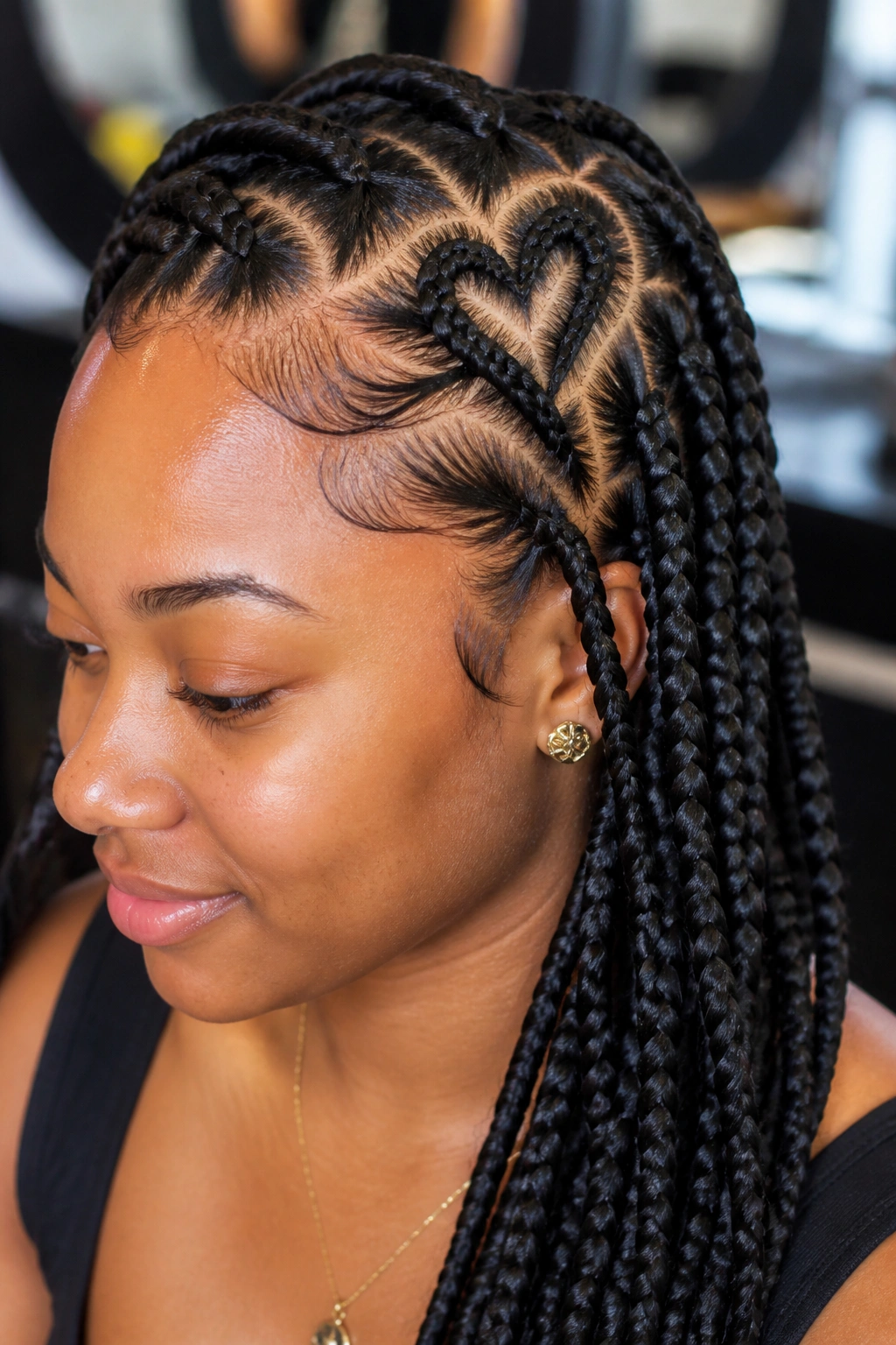 Real person with heart-shaped parts in knotless braids on the head.