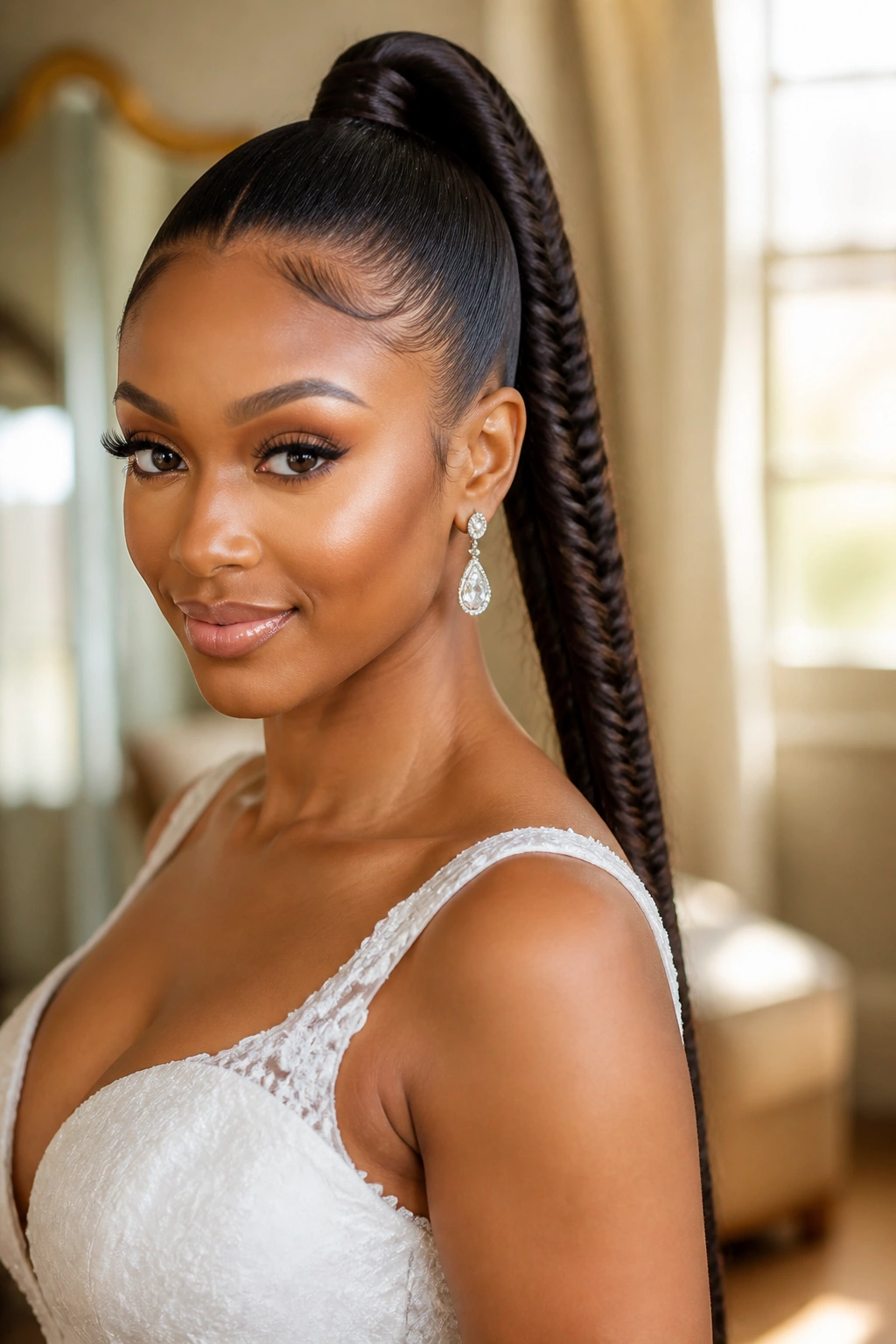 Bride with a high fishtail ponytail and sleek edges in a bridal suite