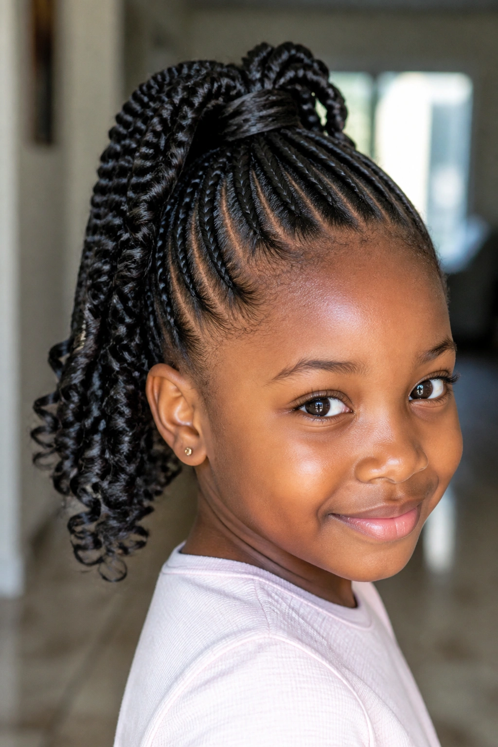 Close-up of child with high braided ponytail and curled ends.