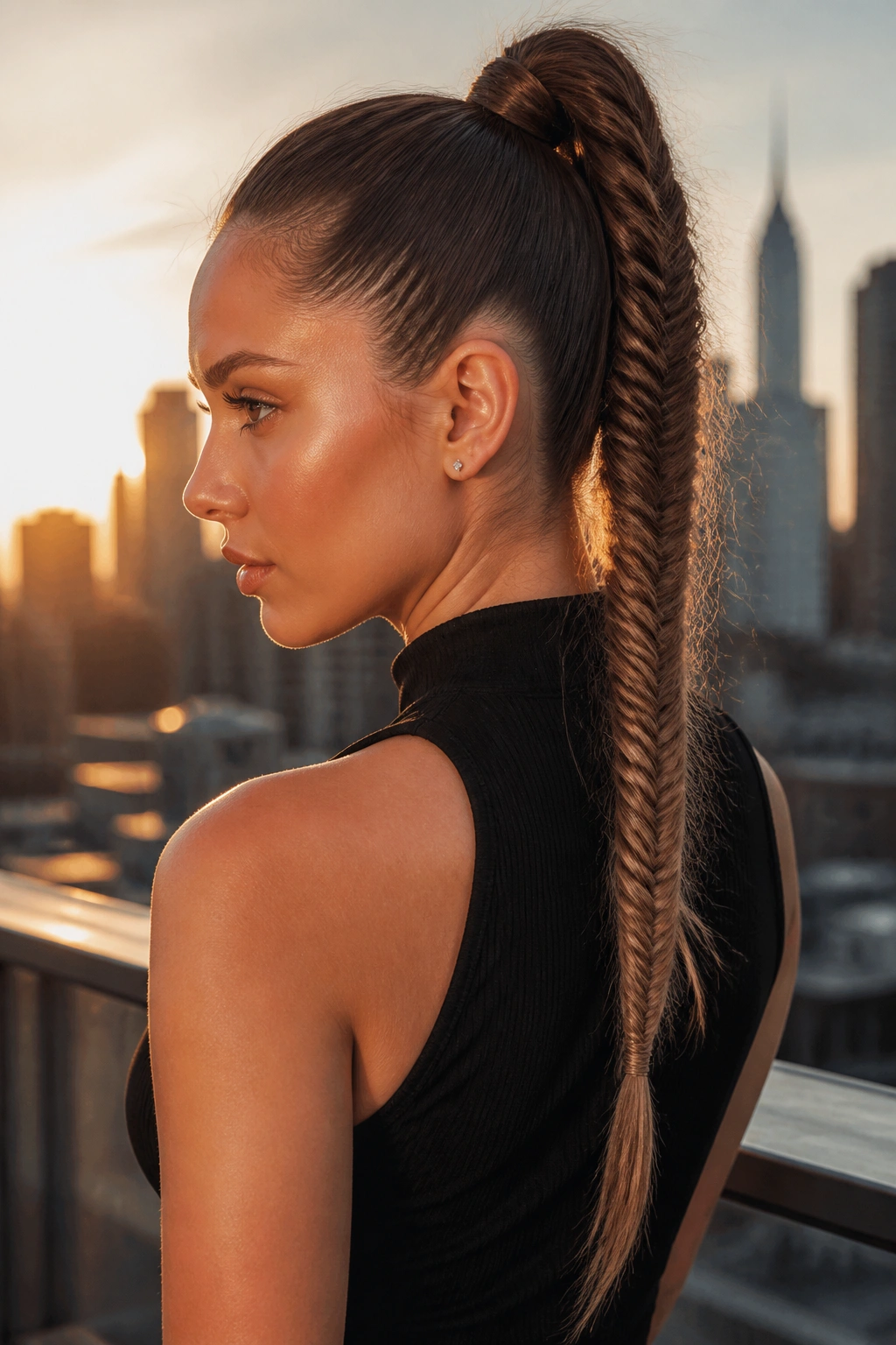 Portrait of a real woman with a high ponytail fishtail braid on a rooftop at golden hour.