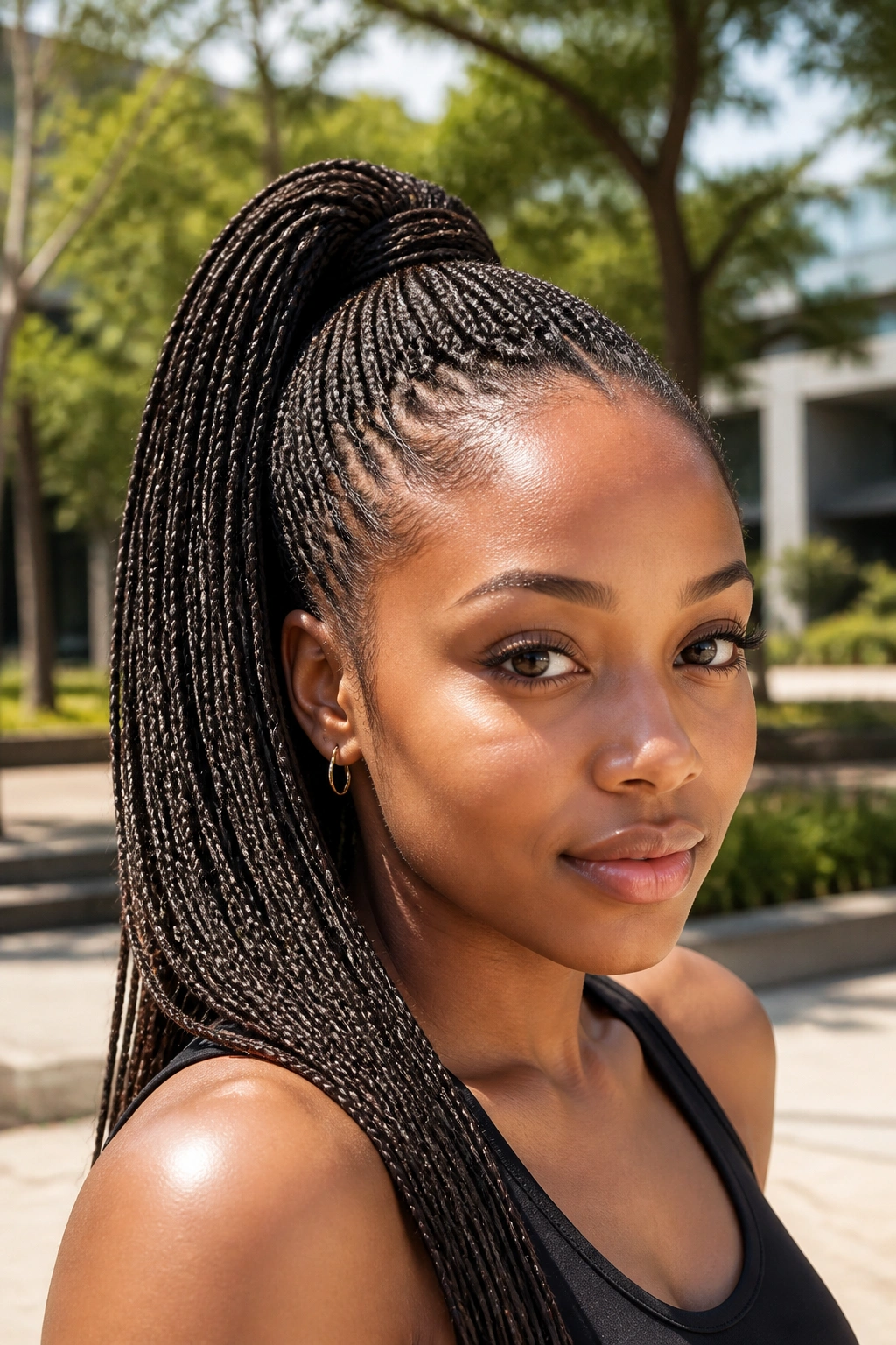Close-up of a real woman with a high ponytail made of micro braids in natural light