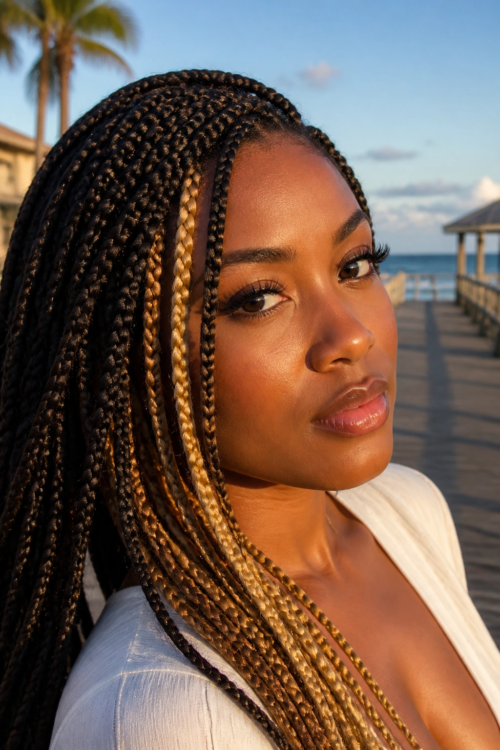 Close-up portrait of a real woman with honey blonde peekaboo in box braids