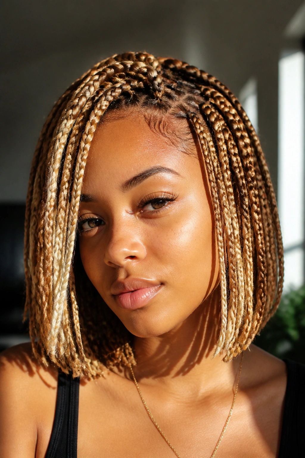 Close-up of a real woman with honey-blonde box braids framing the face
