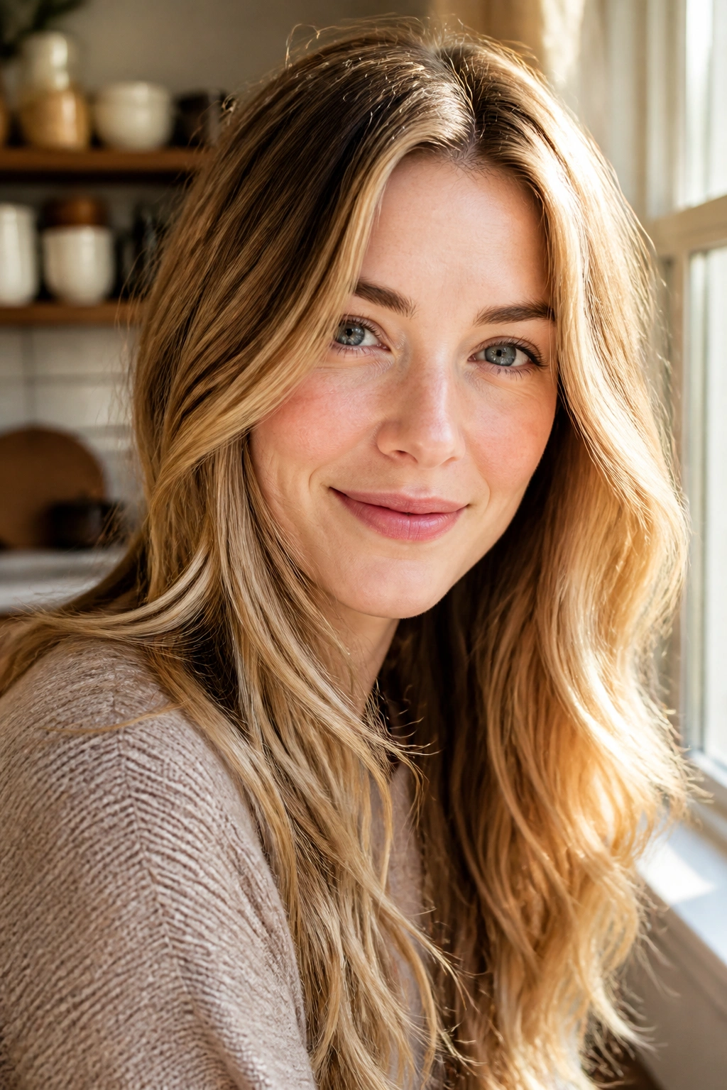 Portrait of a real person with honey blonde and butterscotch hair in warm light