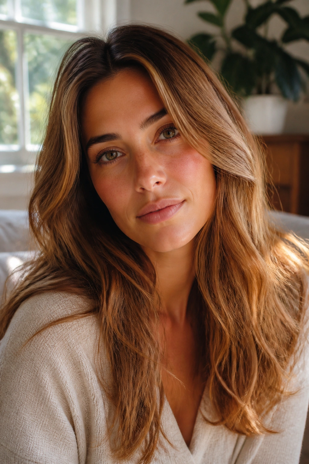 Close-up of a real person with honey brown hair glowing in sunlight by a window.