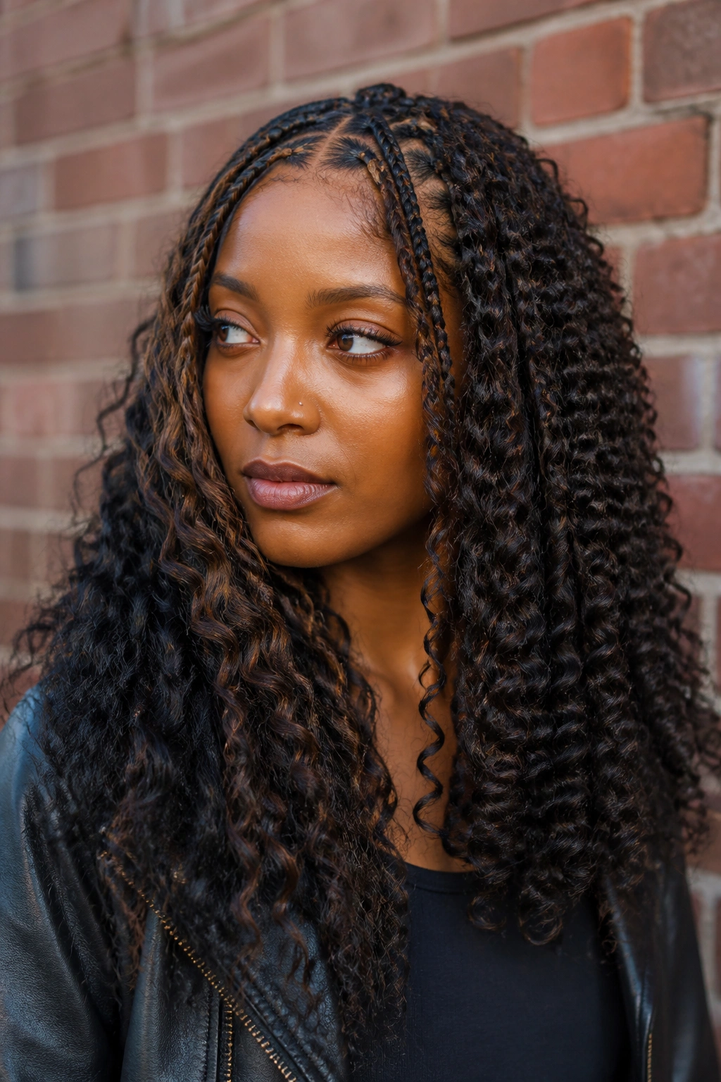 Real woman with dual-texture curls in boho braids illustrating human hair vs synthetic curls