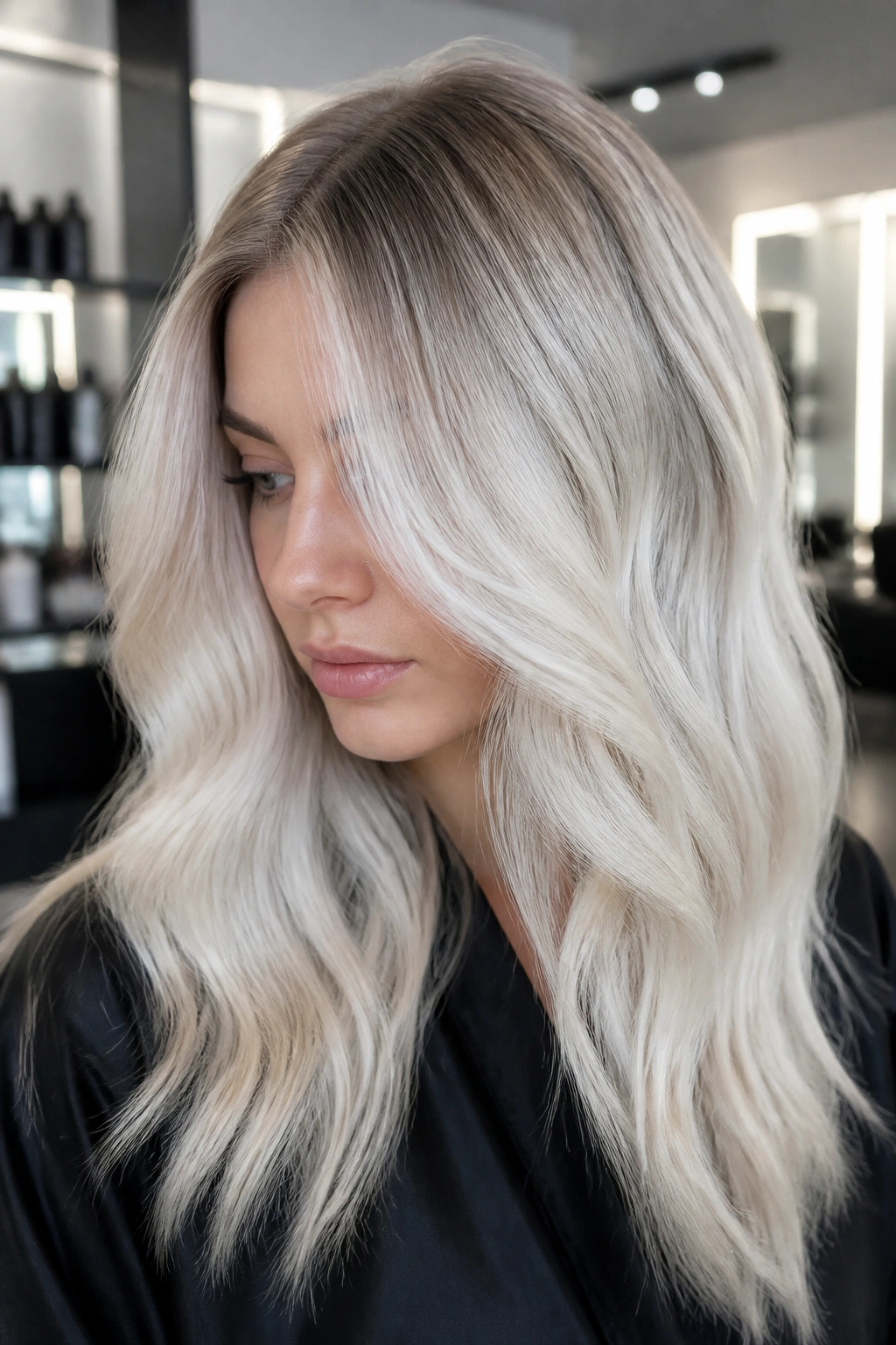 Close-up portrait of a woman with icy blonde hair and cool mushroom root.