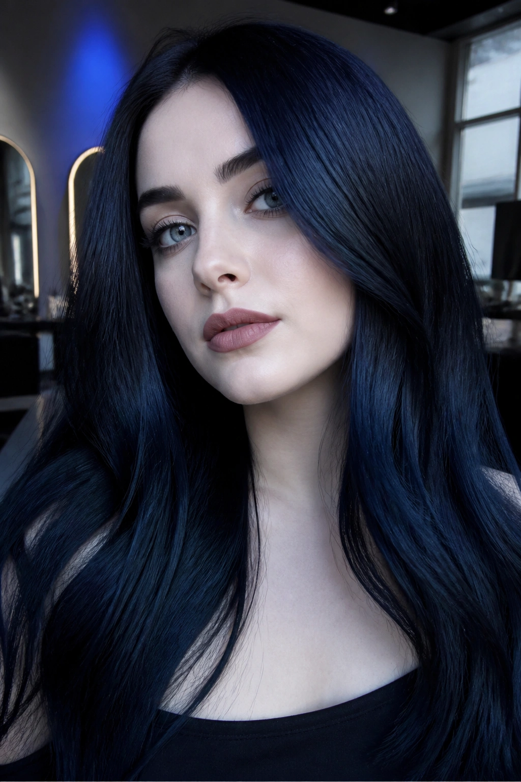 Close-up portrait of a real person with icy blue-black hair and cool pale skin