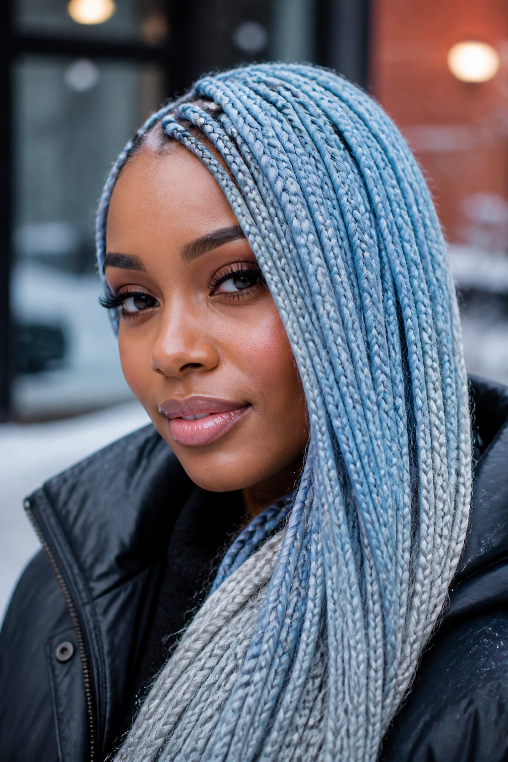 Real woman with icy blue box braids in cold daylight