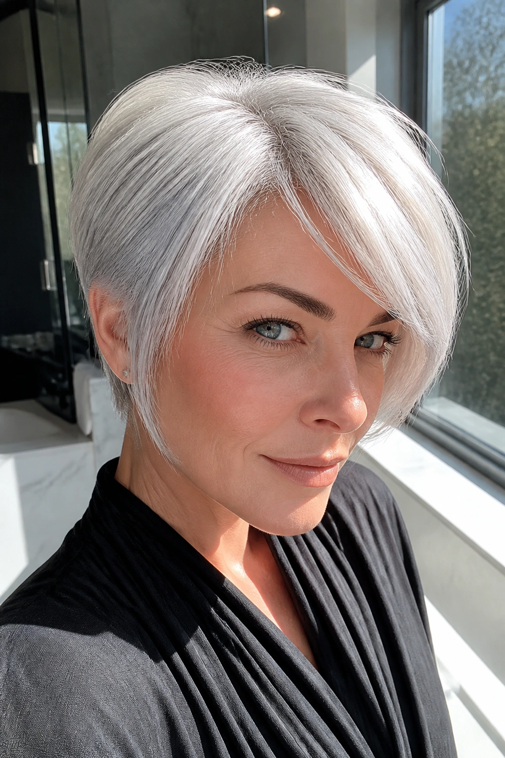 Close-up of a real person with icy platinum silver hair in a sunlit modern bathroom