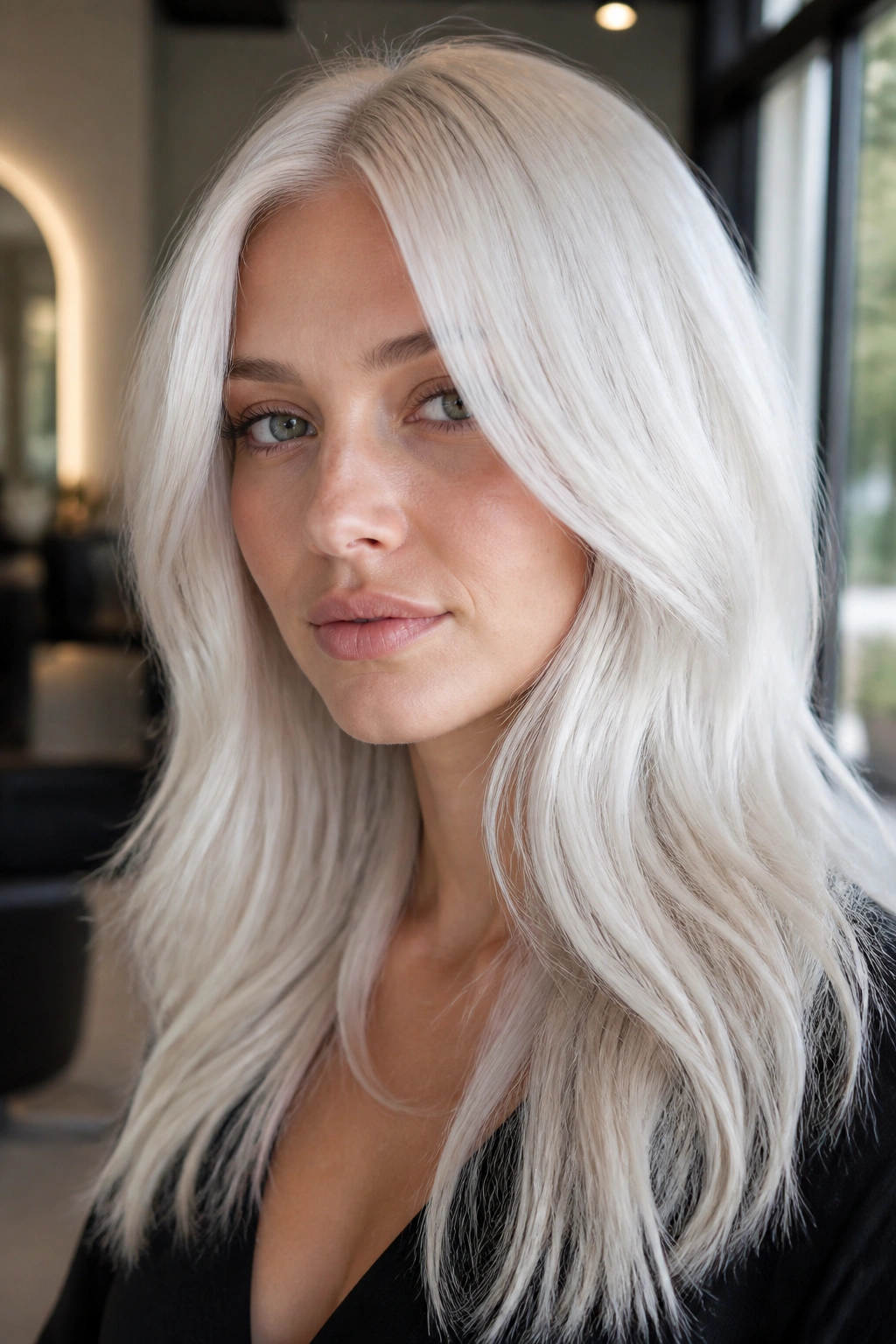 Close-up of a woman with icy white platinum hair in a salon setting.