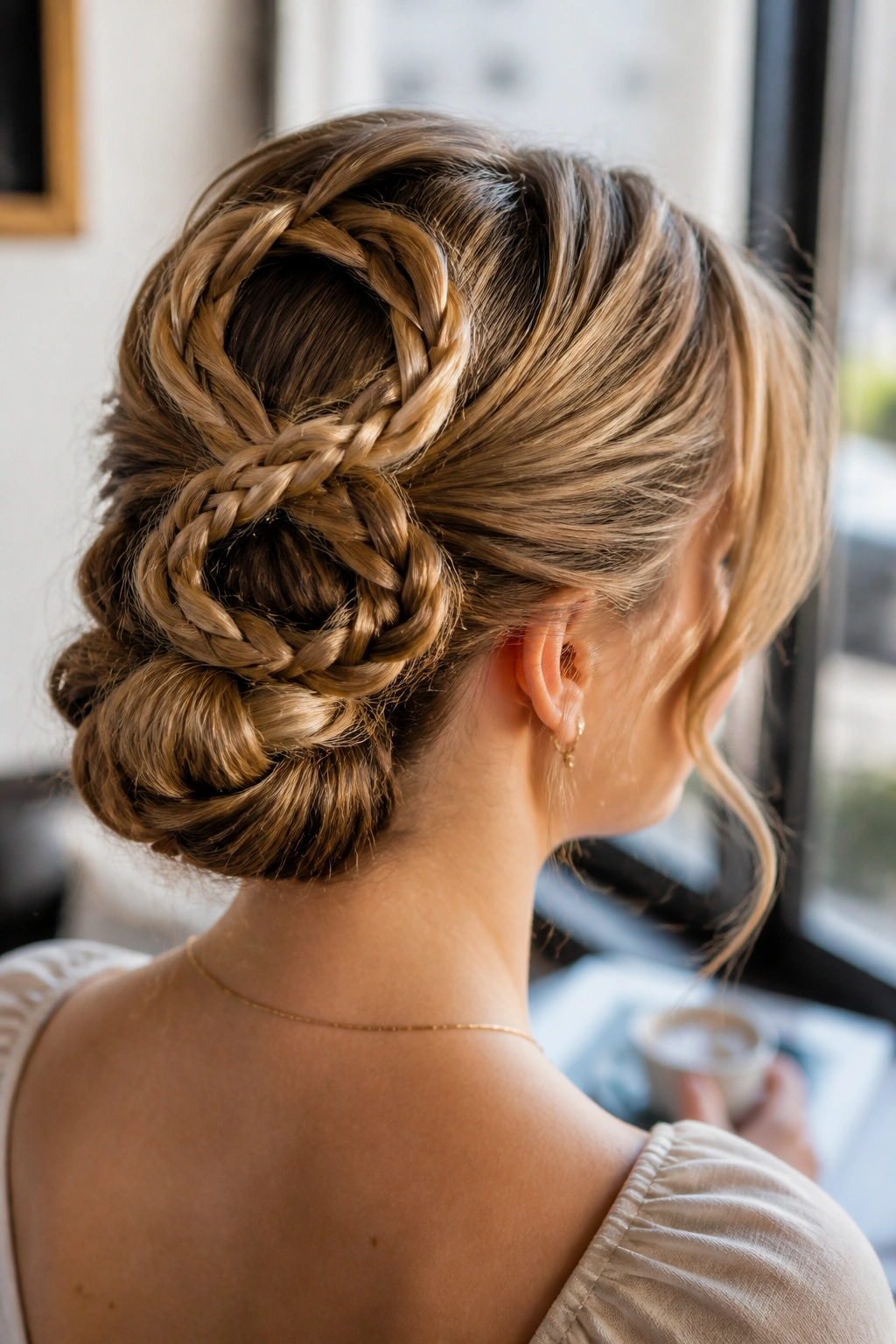Close-up of a real woman showcasing an infinity braid bun.