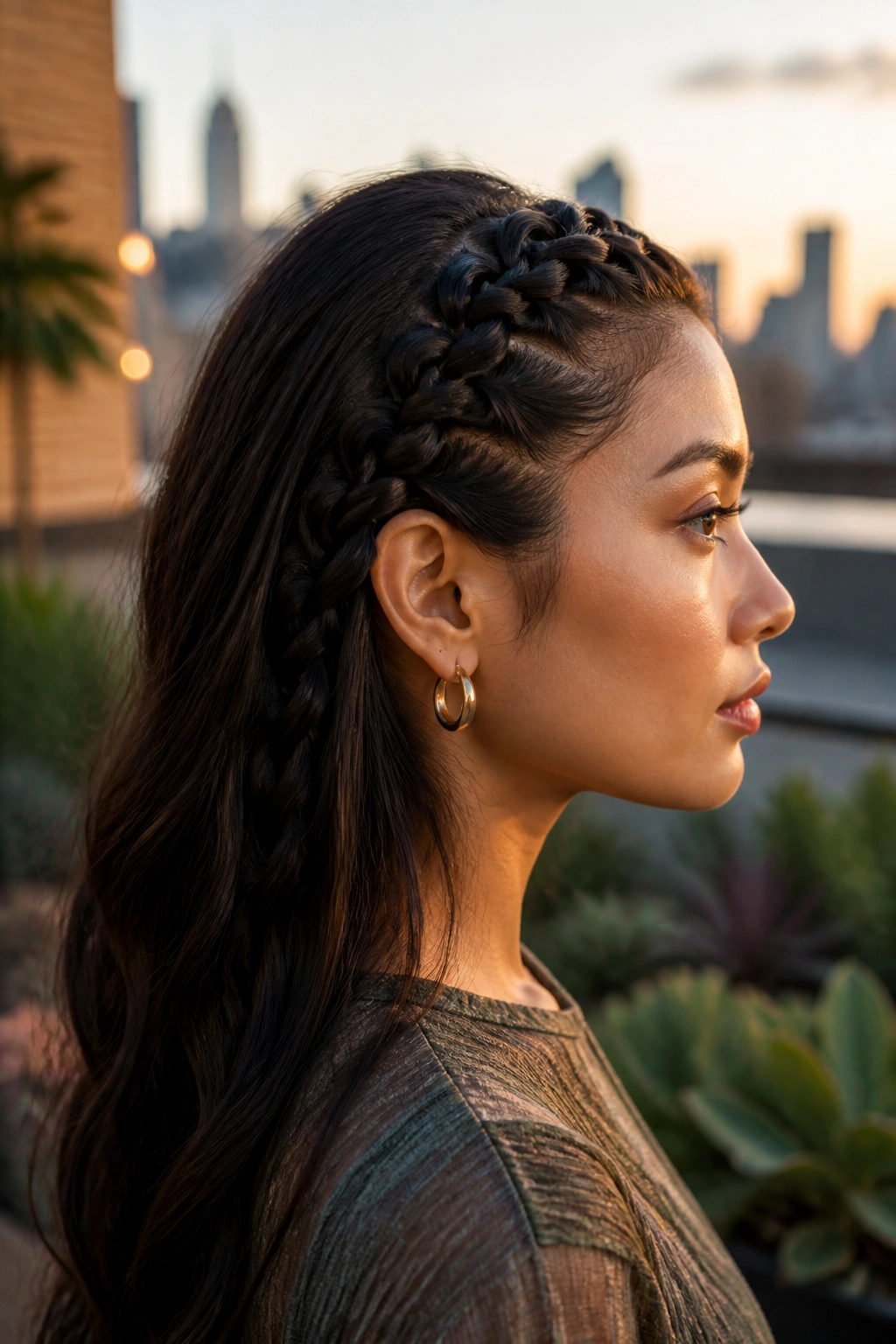 Close-up of a real woman with an infinity braid along the scalp in a flat, jewelry-like pattern