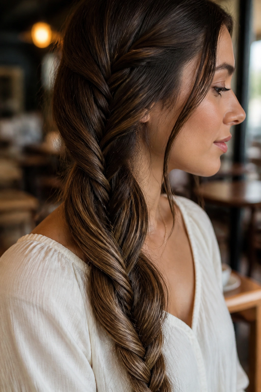 Side-profile of a real woman with infinity fishtail figure-eight weave