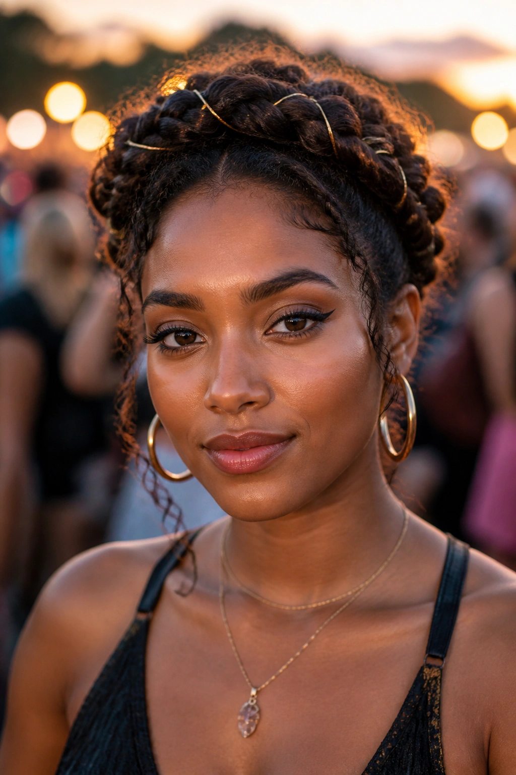 Close-up of a woman with a halo braid and gold wire accents.