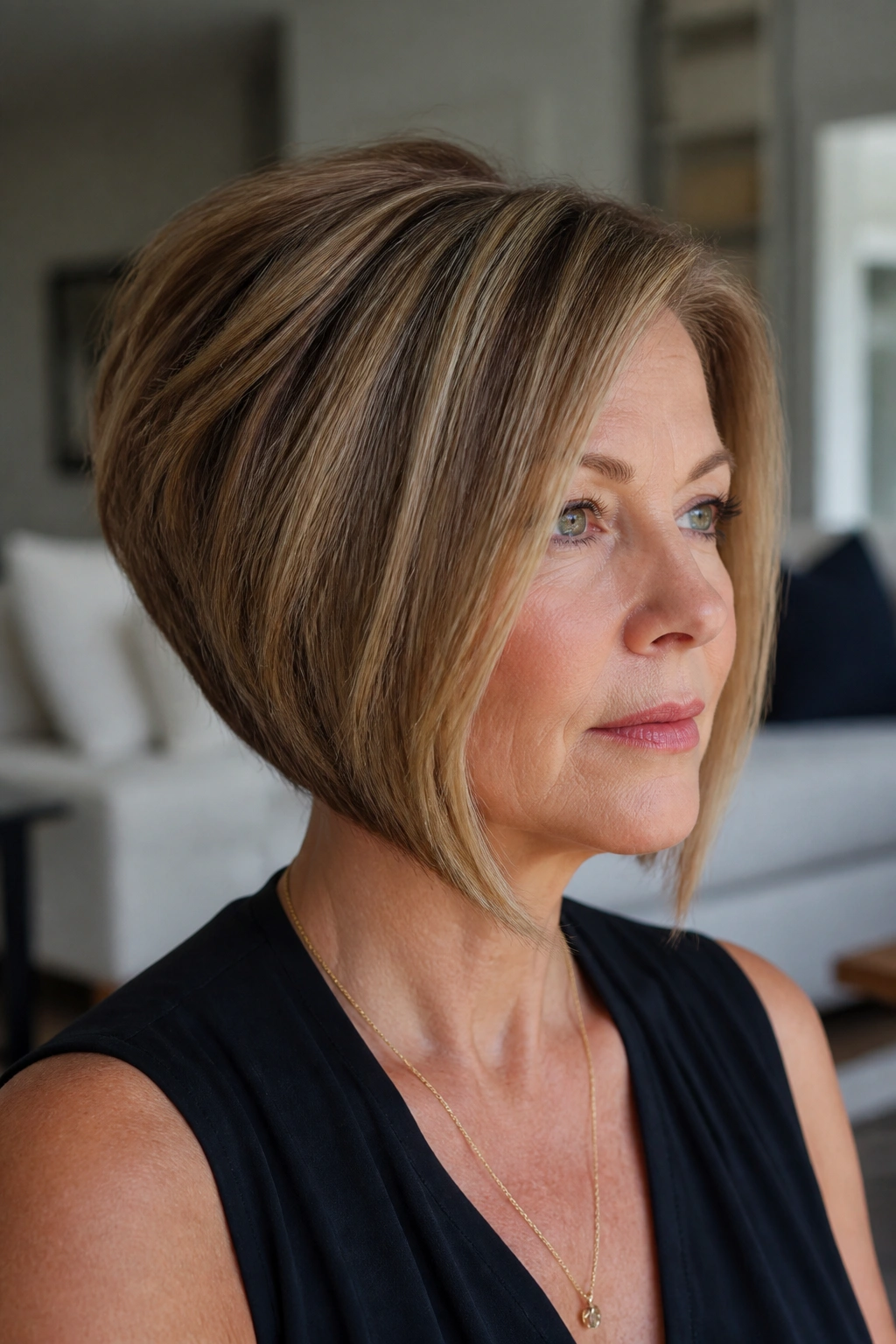 Portrait of a real woman with inverted bob and full crown
