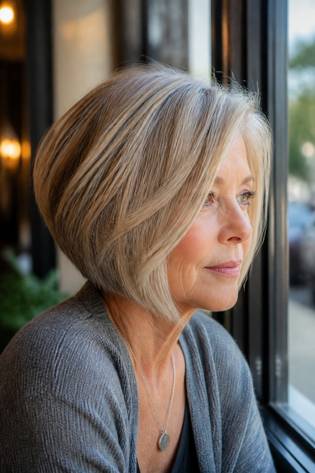 Portrait of a woman with inverted bob and hidden layers in cafe window light