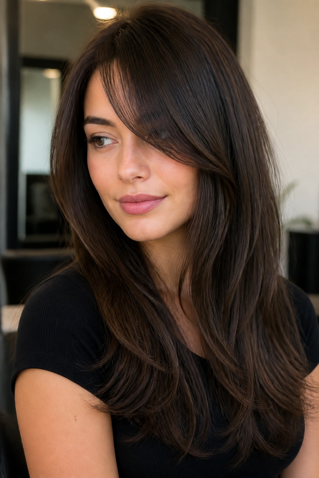 Portrait of a real woman with long side bangs and hidden internal layers