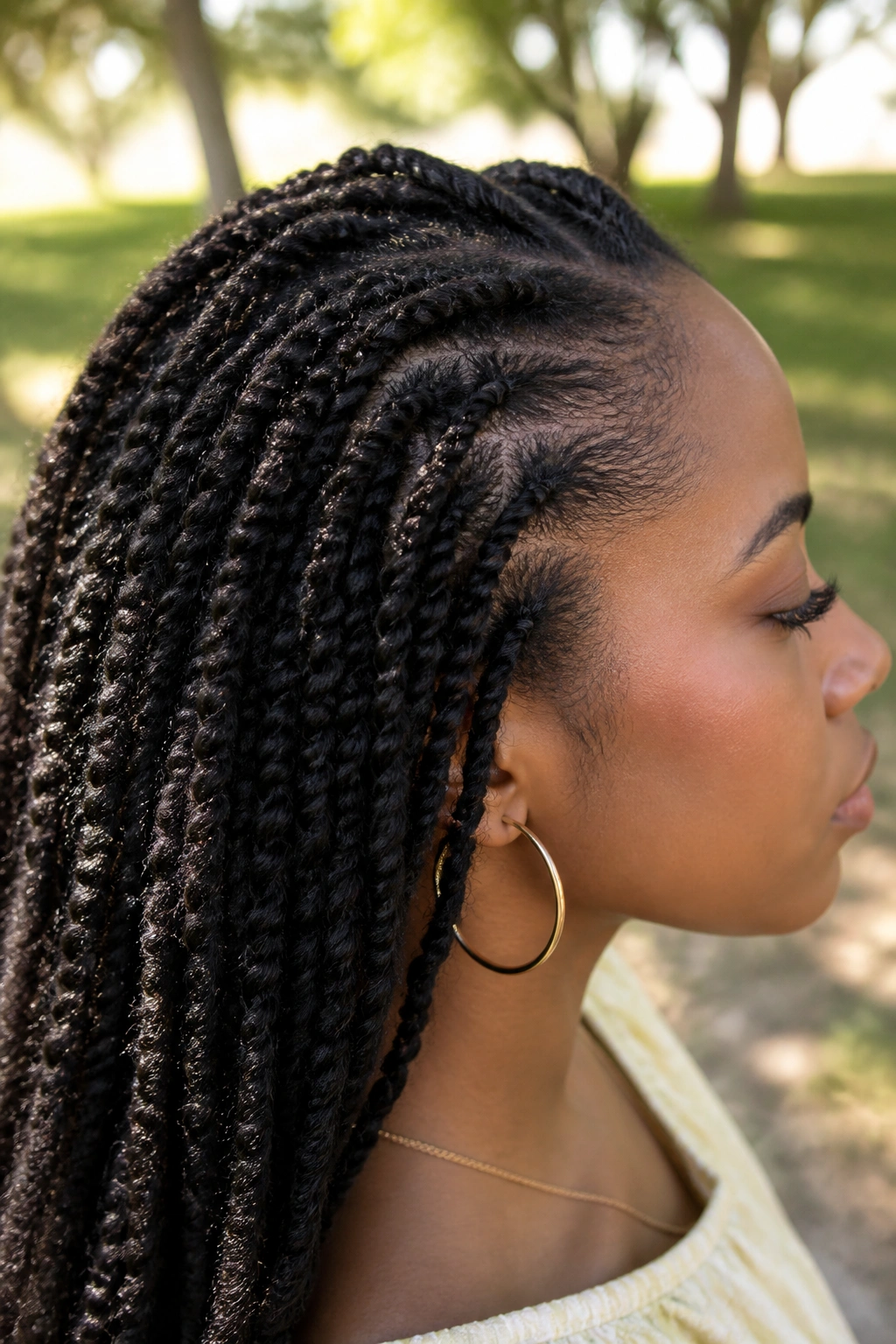 Side-profile of a real person with invisible-root Afro twists showing seamless roots.