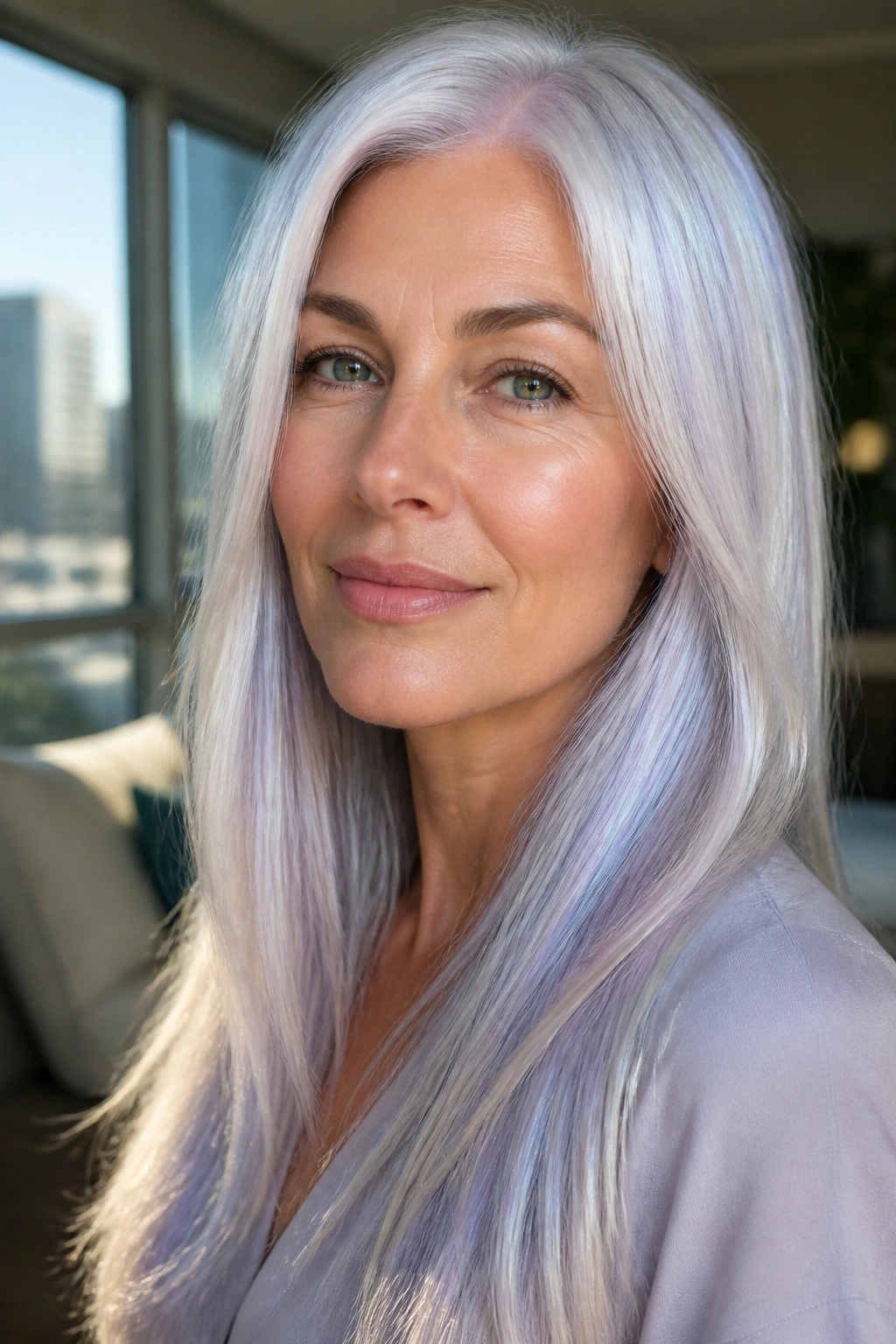 Close-up of a real woman with iridescent pearl hair catching light