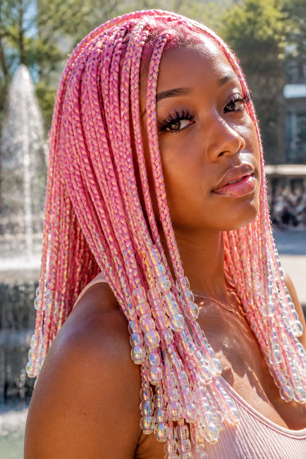 Close-up of a real person with iridescent unicorn pink hair and holographic beads
