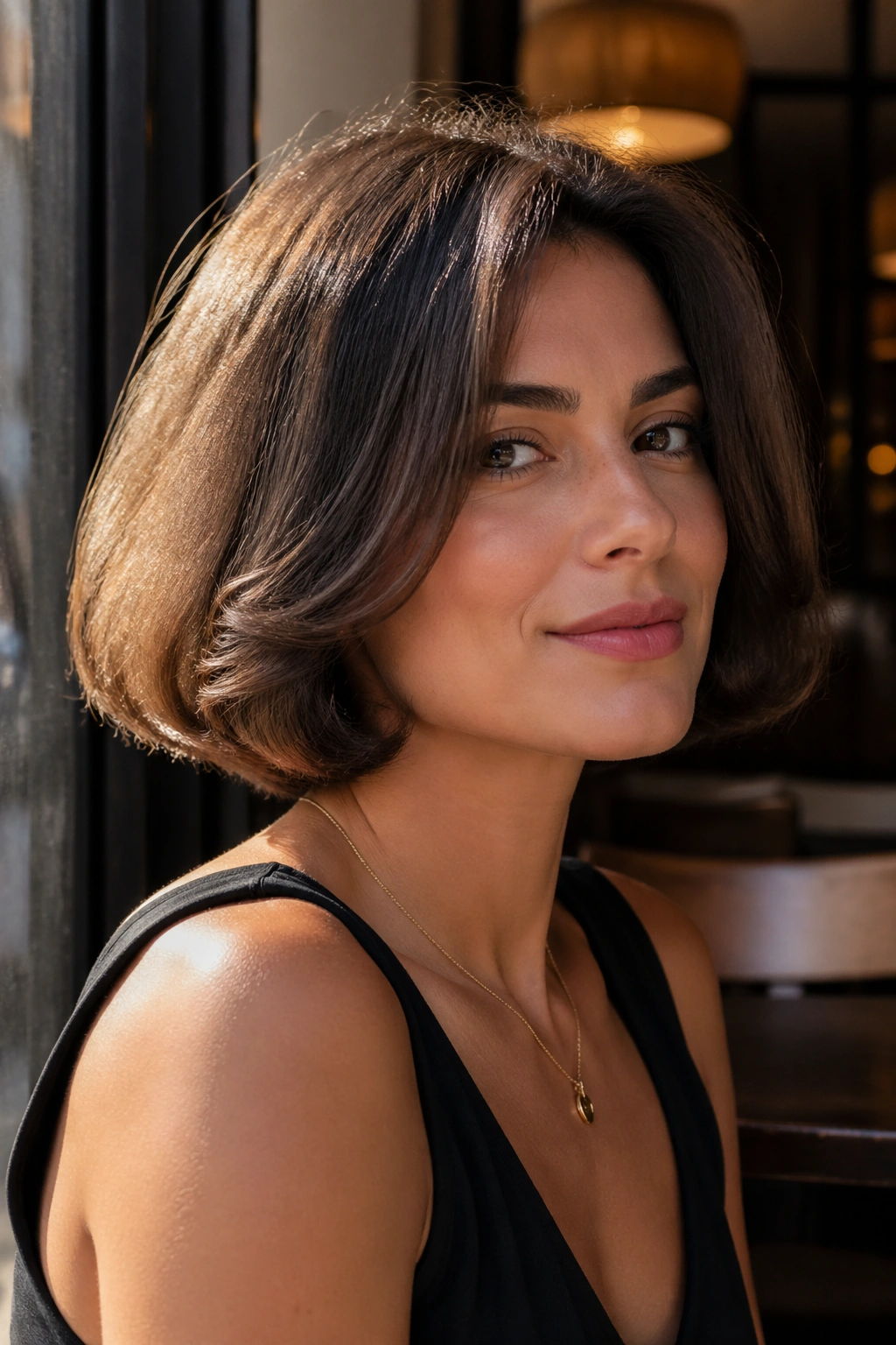 Close-up portrait of a real woman with jaw-length Italian Bob in warm cafe window light