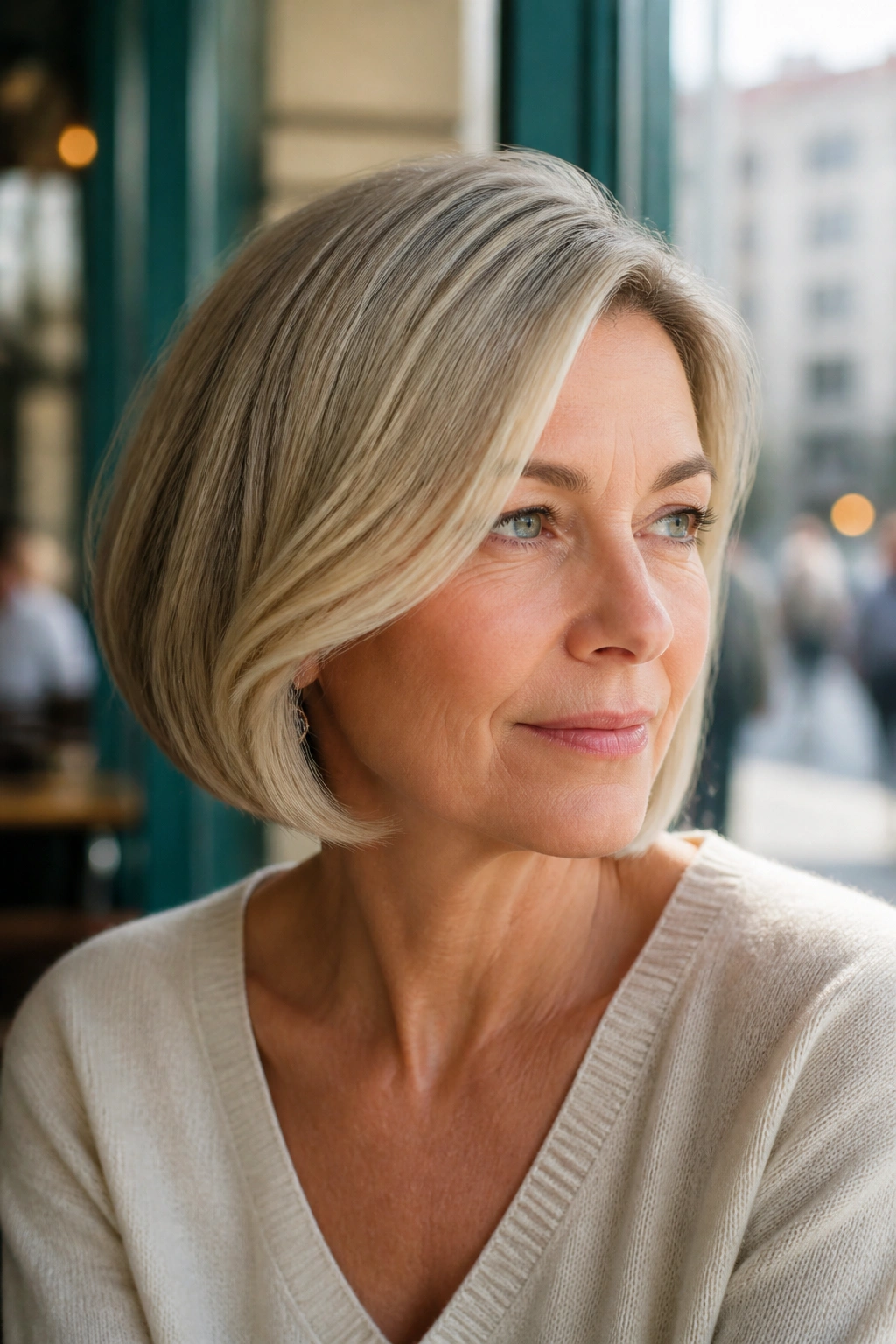 Close-up of a real woman with a jaw-length bob and deep side part