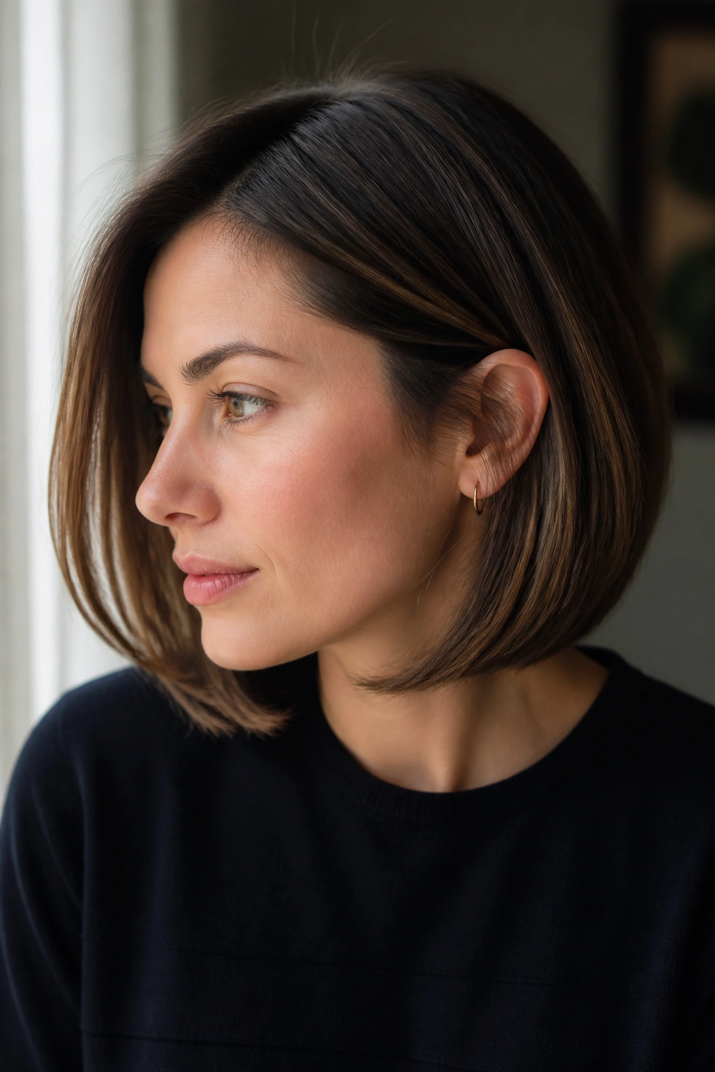 Close-up of a real person with a jaw-length lob showing invisible internal layers