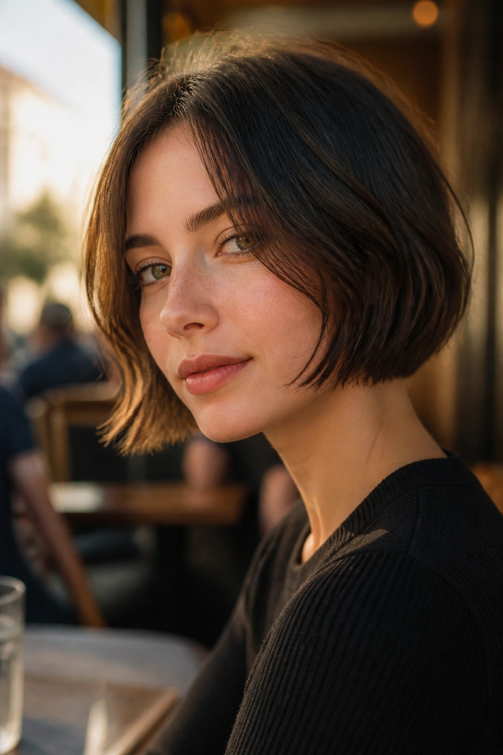 Close-up of real person with jaw-length razor bob, warm afternoon light