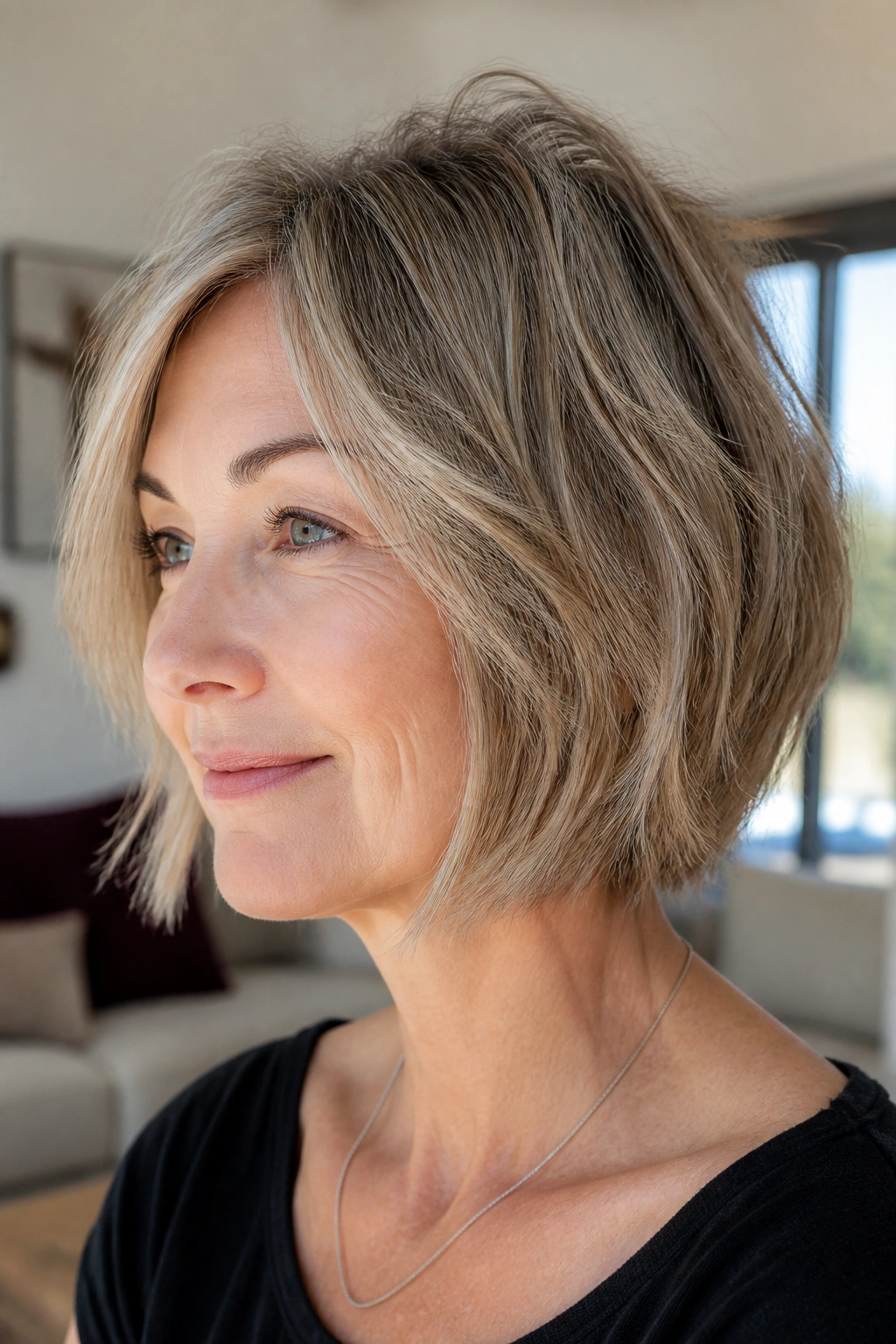 Real woman with jaw-length textured bob for fine hair in natural light