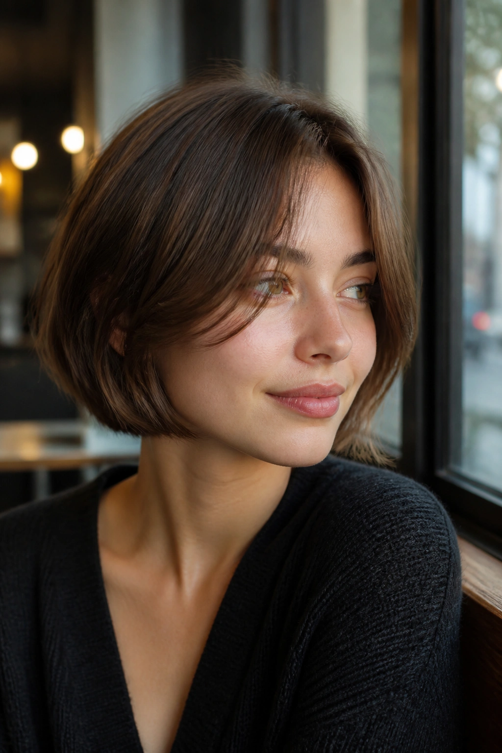 Close-up of a real person with jaw-length bob and curtain bangs