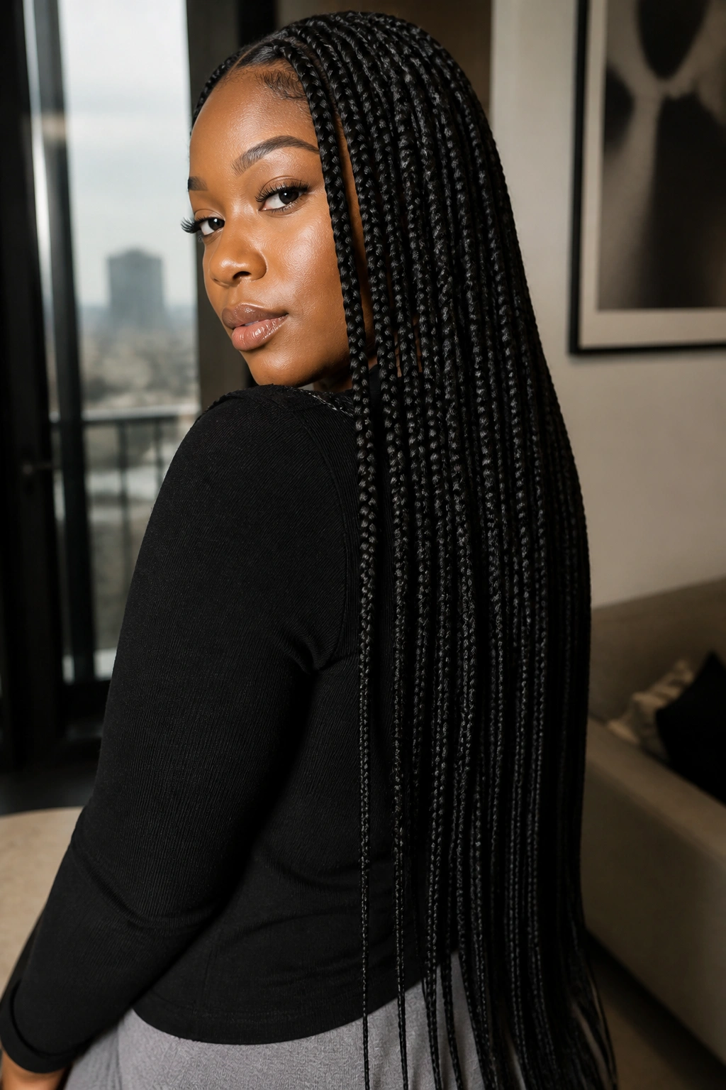 Close-up of jet-black butt-length box braids on a real woman