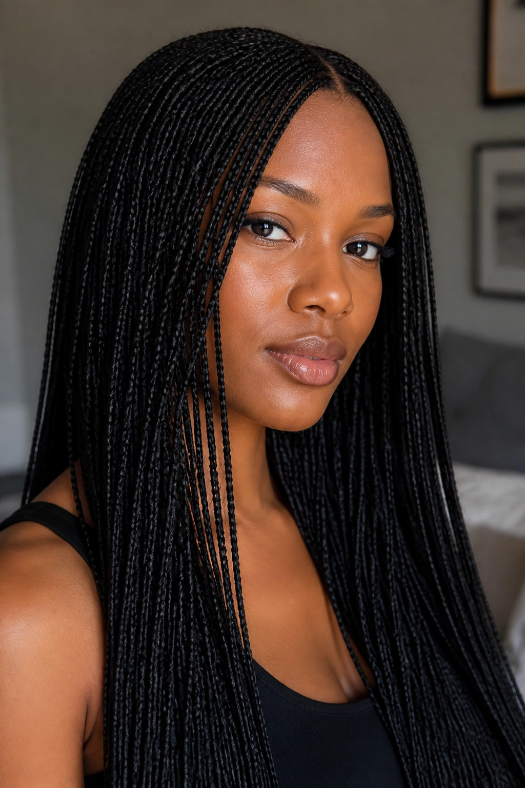 Close-up of a real woman with jet black micro braids