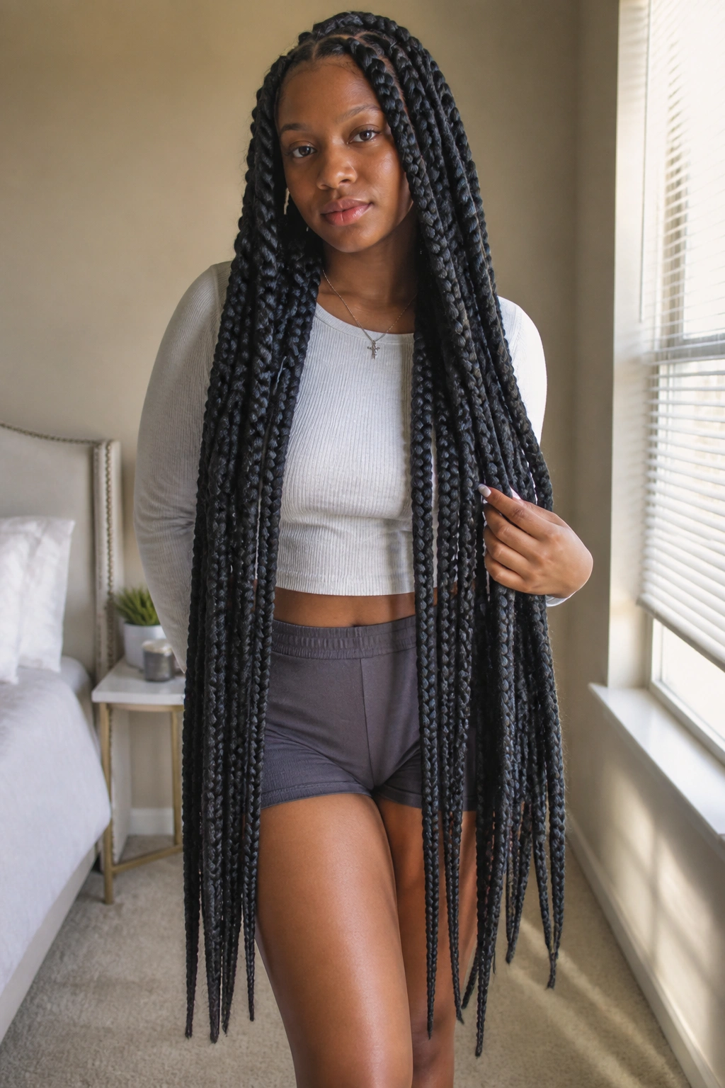 Portrait of a person with thigh-length jumbo box braids