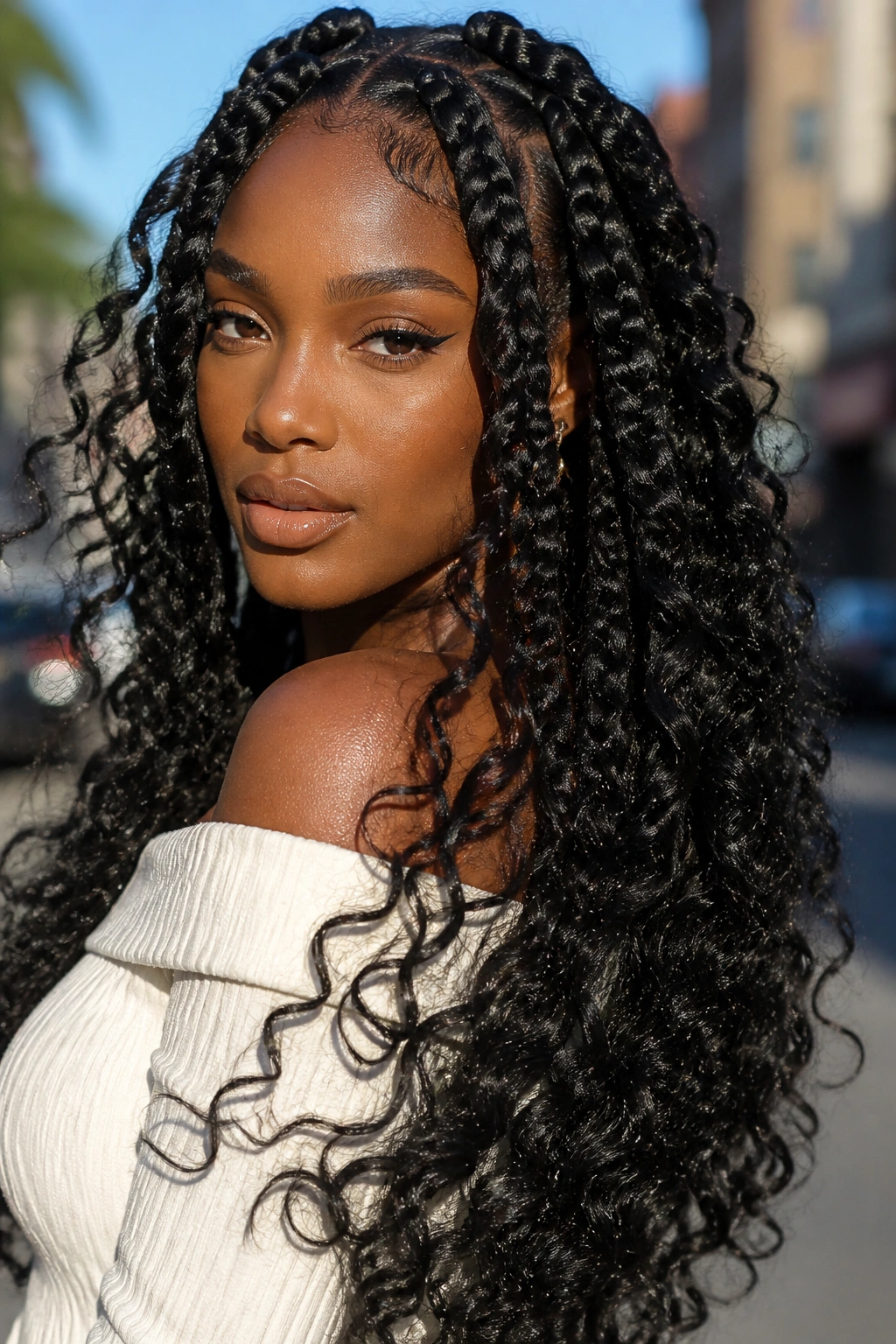 Close-up portrait of a person with jumbo braids and oversized curls in daylight.