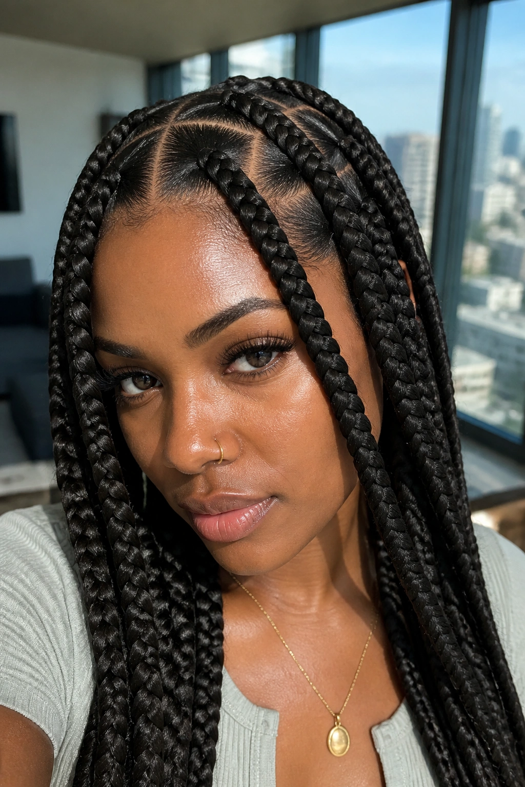 Real woman with jumbo square-parted braids in bright apartment