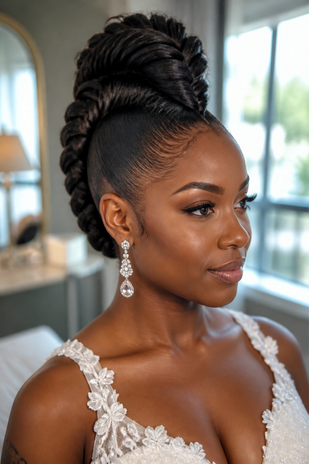 Bride with a bold jumbo fishtail mohawk in a modern bridal suite