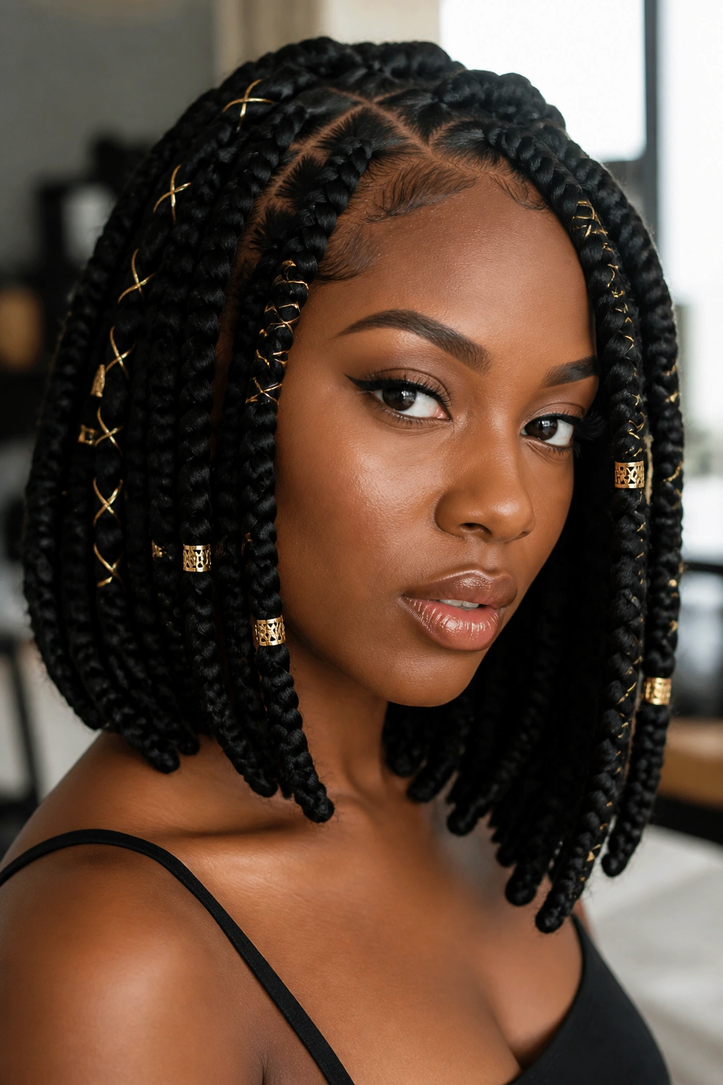 Close-up of a real woman with jumbo goddess braids filling the frame