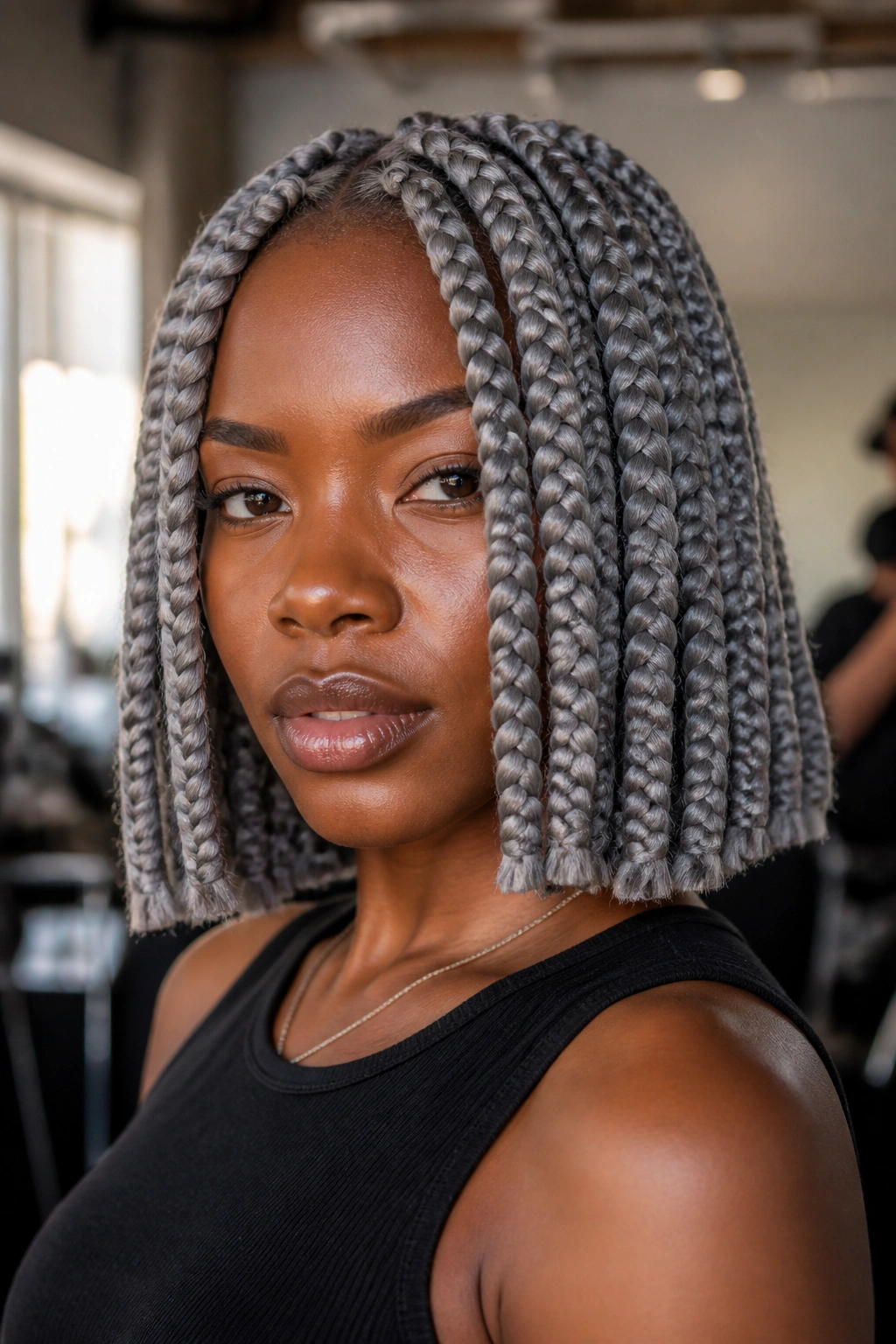 Close-up of a real person with a jumbo grey bob and blunt ends