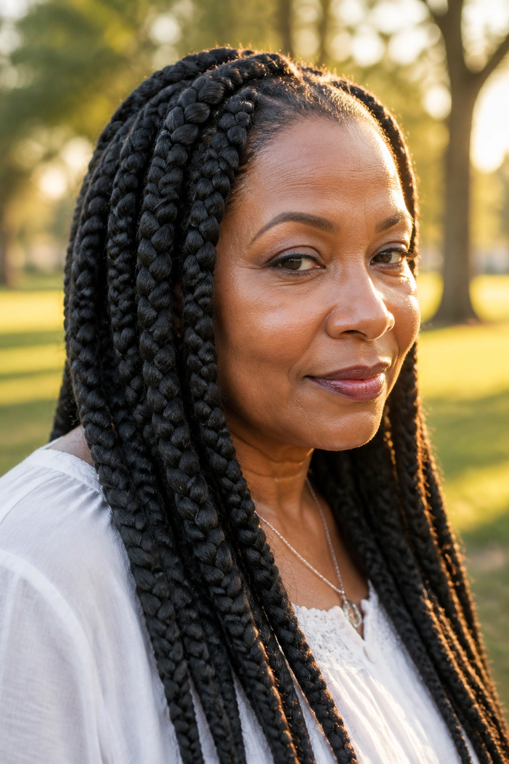 Woman over 50 with jumbo knotless braids in a park at golden hour.