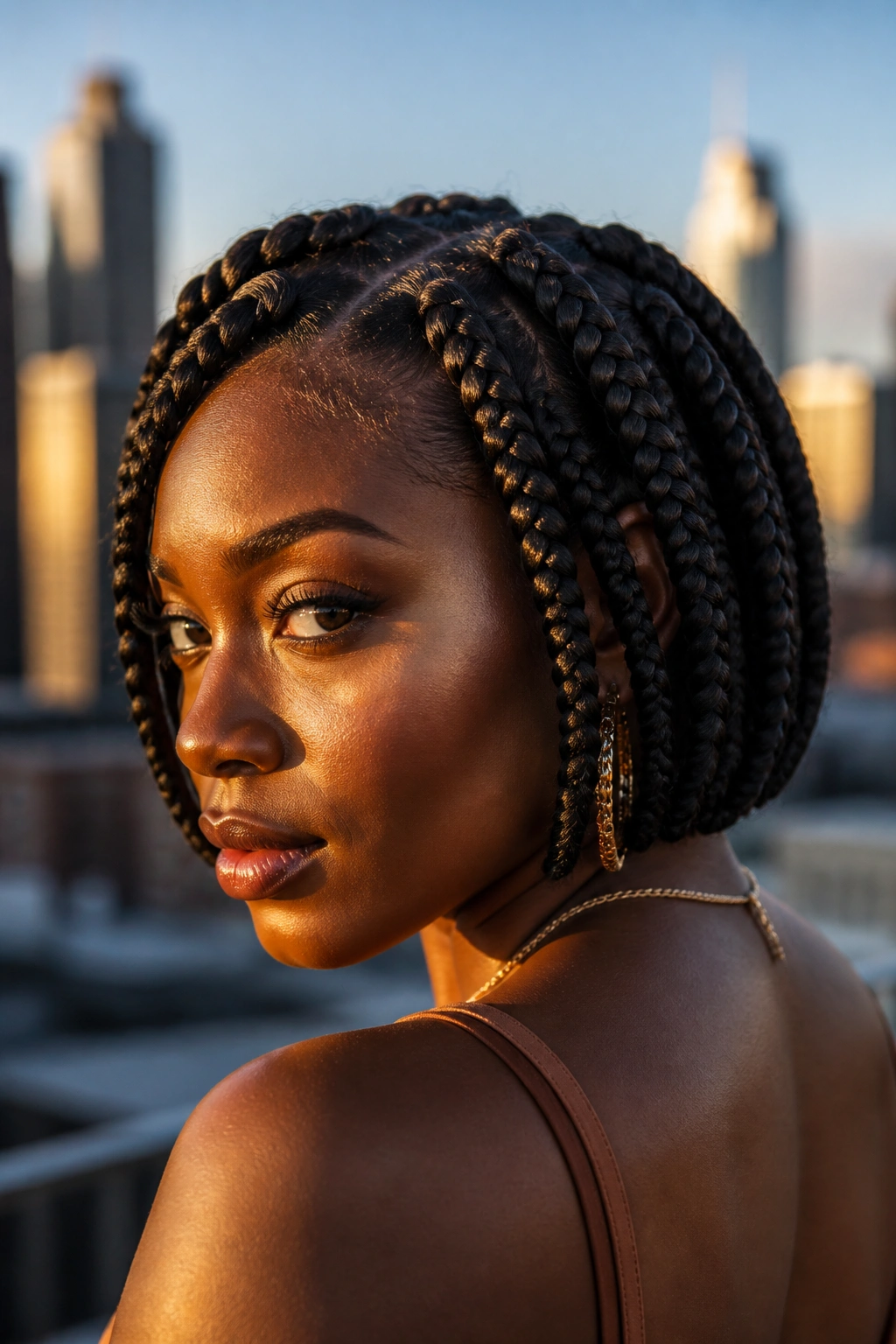 Close-up of short jumbo knotless braids on a real person