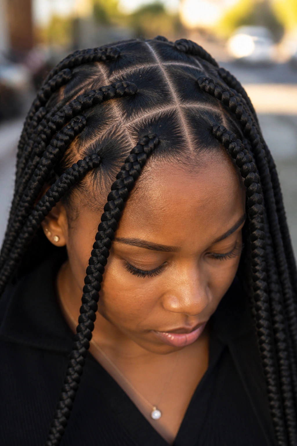 Real woman with jumbo knotless braids and large square parts