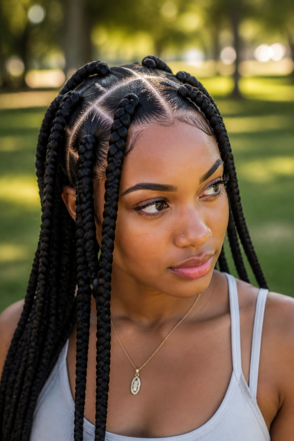 Medium close-up of a real woman with large square braids in an outdoor setting