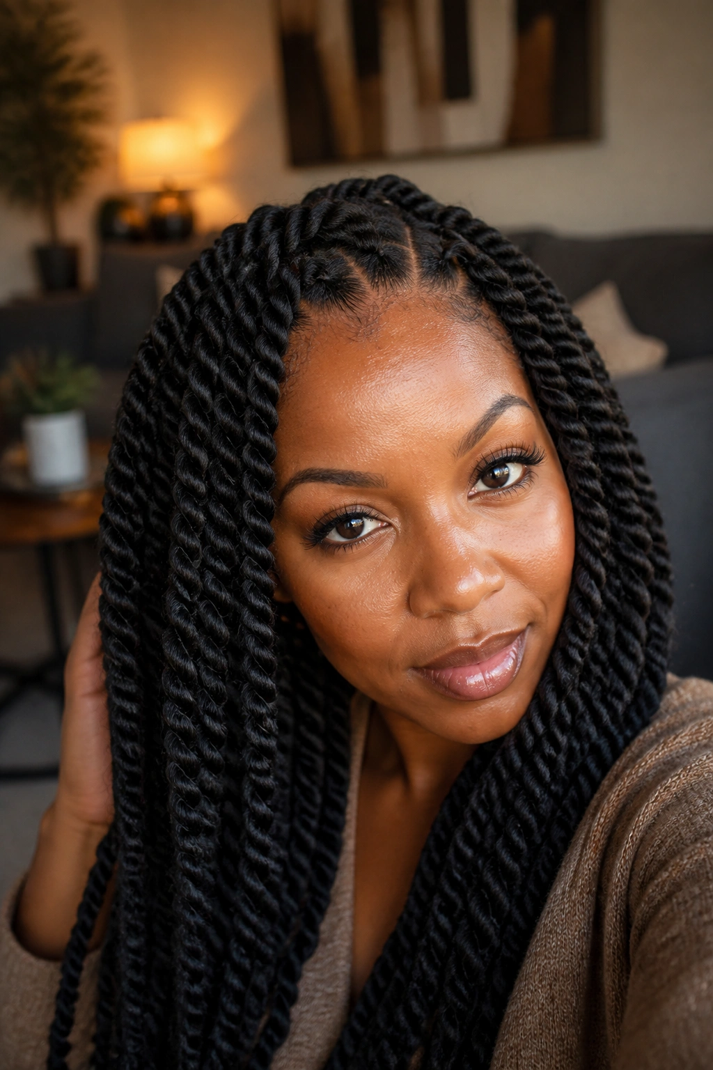 Close-up of a real person with jumbo Senegalese twists