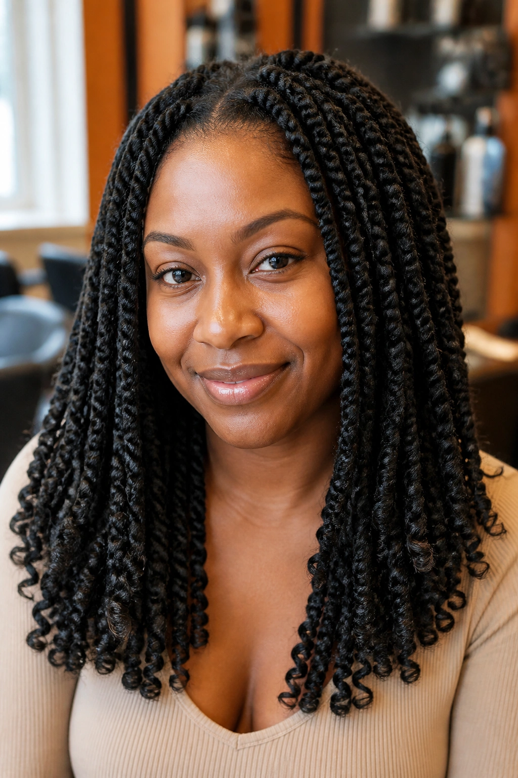 Close-up of a real person with medium-sized kinky twists and curled ends in a warm salon