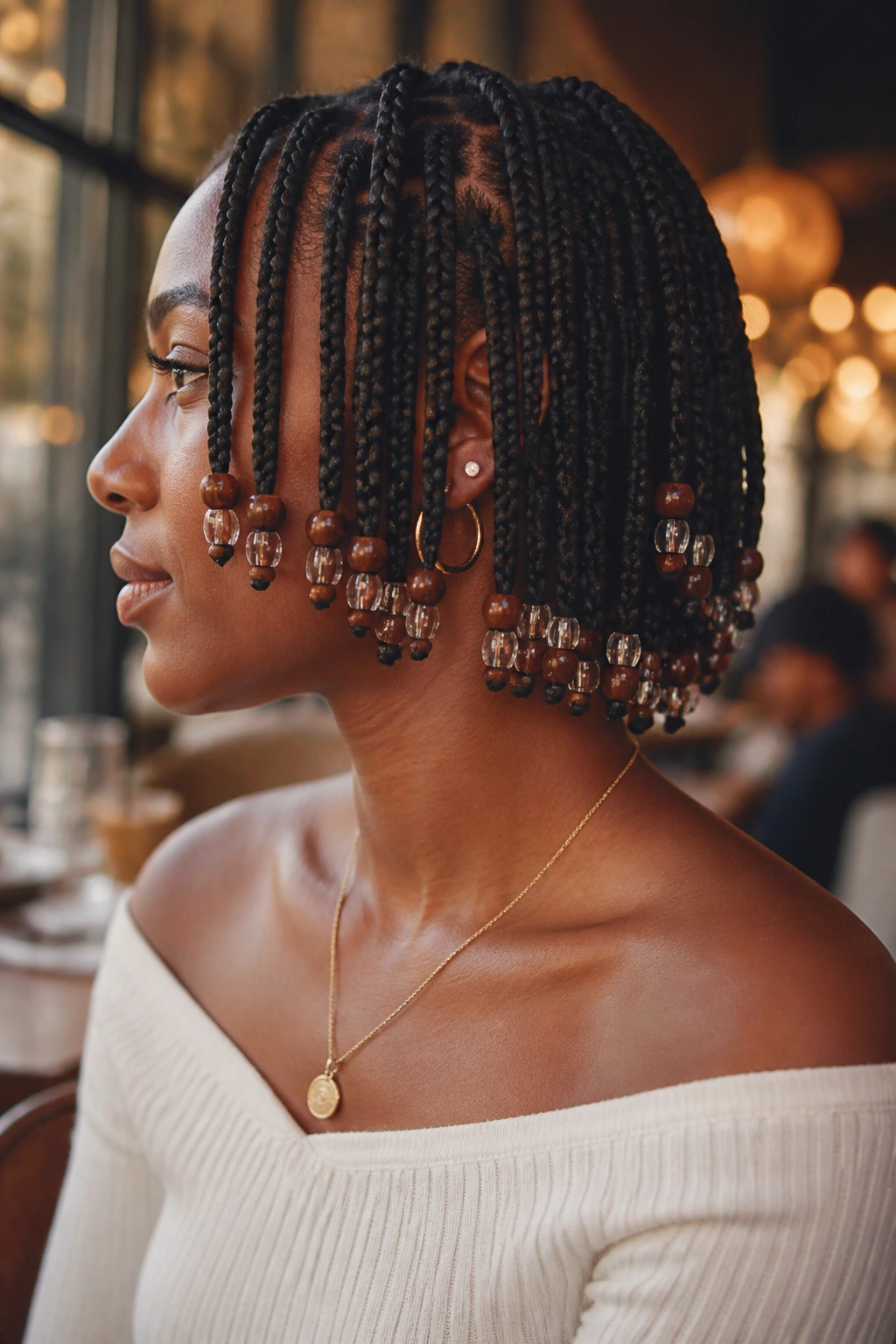 Portrait of a person with short knotless braids and beads at the ends in warm light