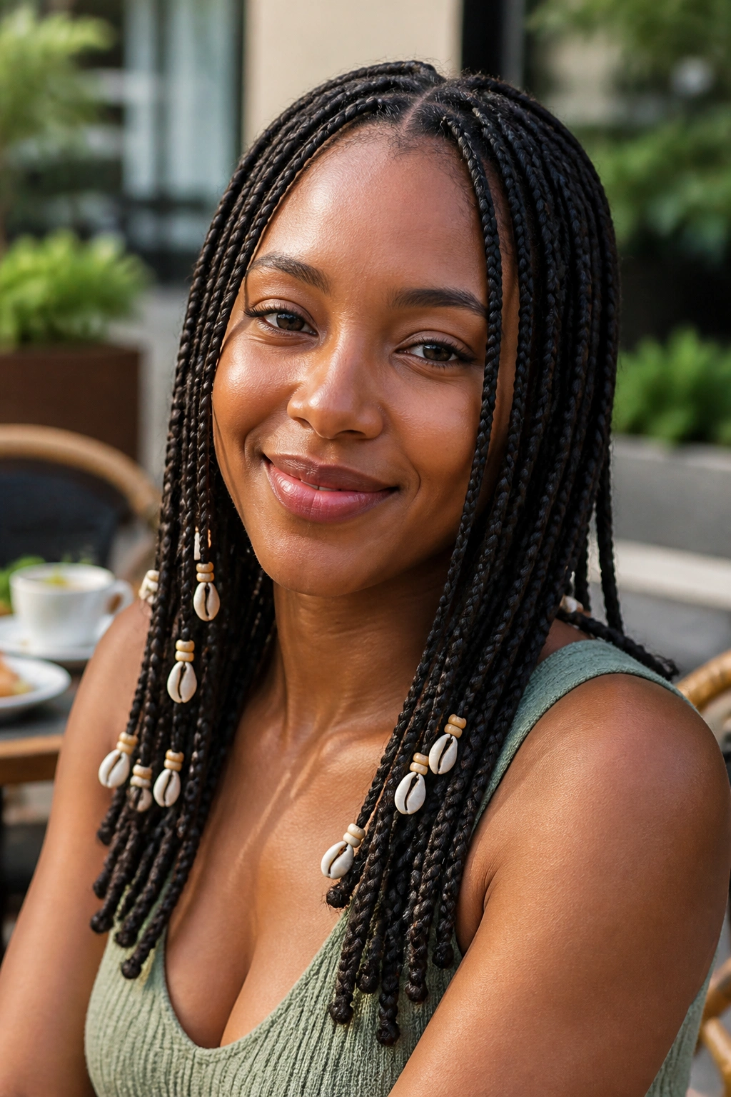Real person with knotless braids accented by beads or shells at the ends.